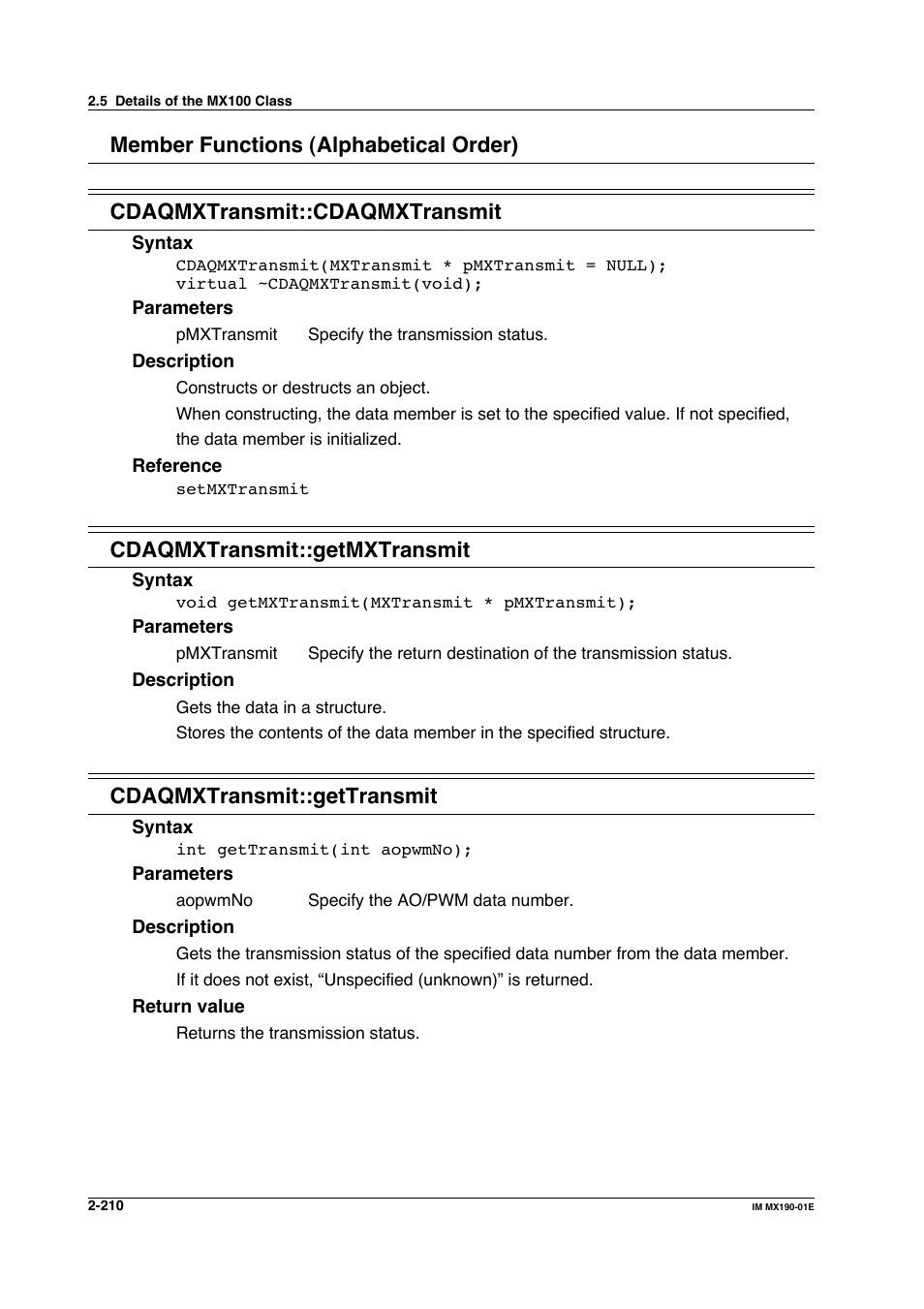 Cdaqmxtransmit::getmxtransmit, Cdaqmxtransmit::gettransmit | Yokogawa PC-Based MX100 User Manual | Page 233 / 1264