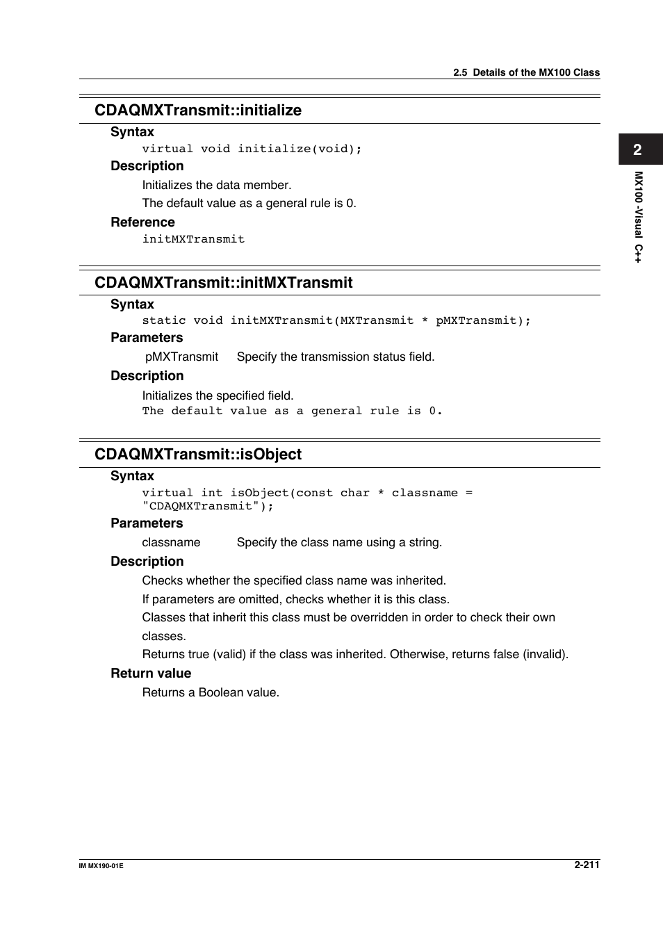 2cdaqmxtransmit::initialize, Cdaqmxtransmit::initmxtransmit, Cdaqmxtransmit::isobject | Yokogawa PC-Based MX100 User Manual | Page 234 / 1264