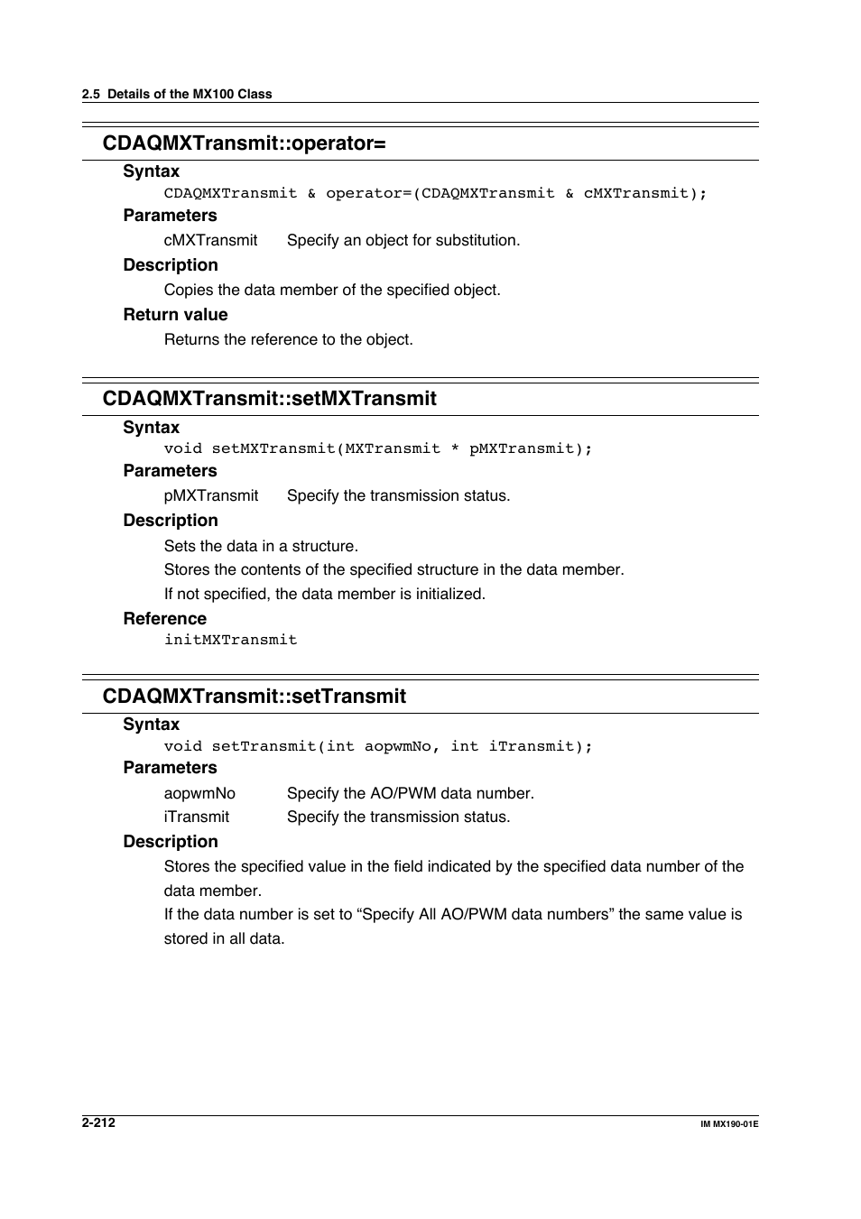 Cdaqmxtransmit::operator, Cdaqmxtransmit::setmxtransmit, Cdaqmxtransmit::settransmit | Yokogawa PC-Based MX100 User Manual | Page 235 / 1264