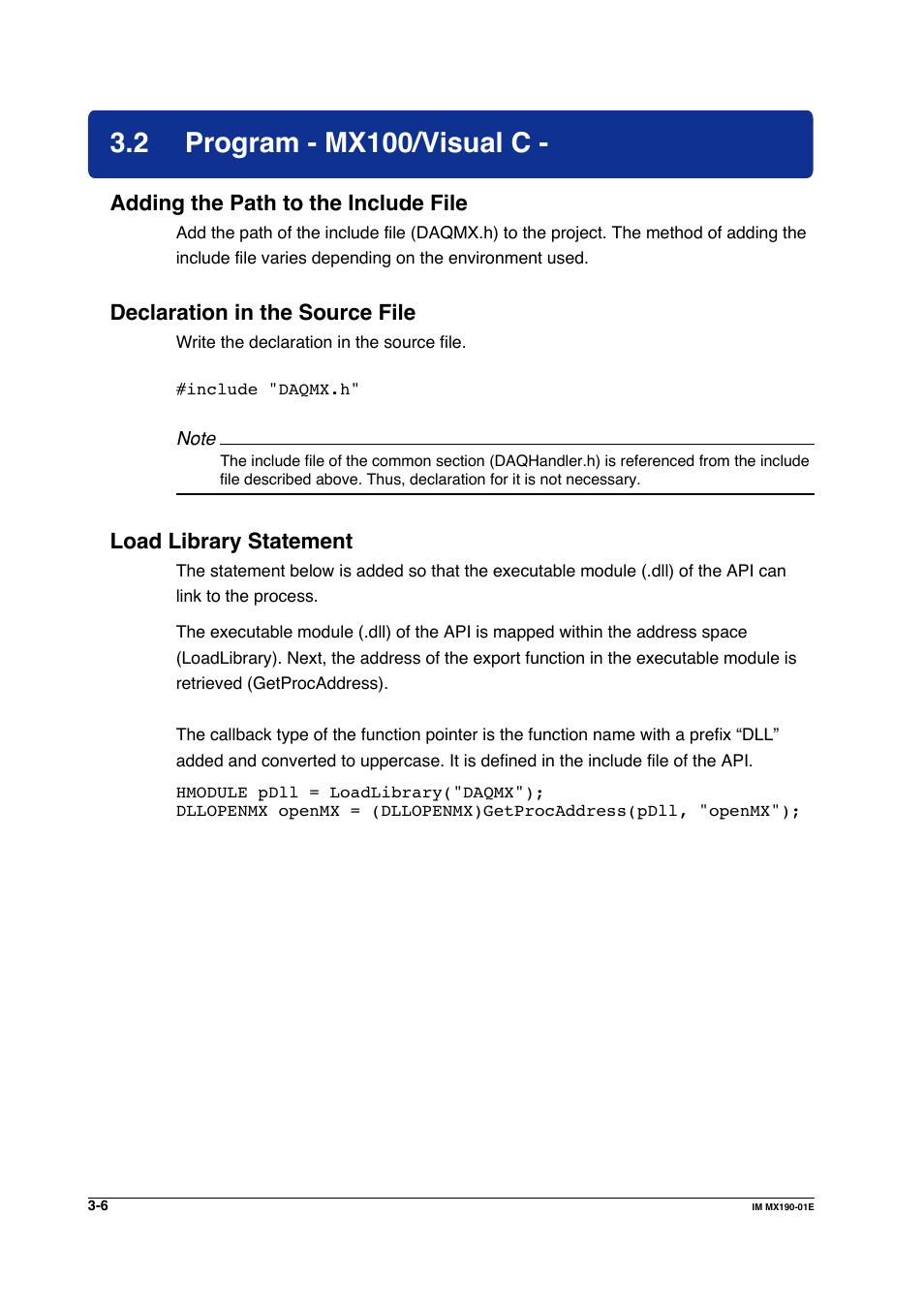 2 program - mx100/visual c, Program - mx100/visual c -6, Adding the path to the include file | Declaration in the source file, Load library statement | Yokogawa PC-Based MX100 User Manual | Page 241 / 1264