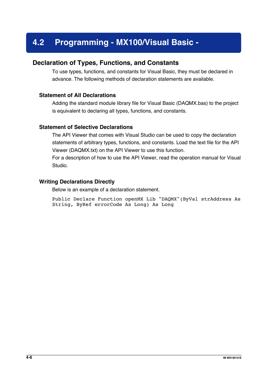 2 programming - mx100/visual basic, Declaration of types, functions, and constants | Yokogawa PC-Based MX100 User Manual | Page 253 / 1264