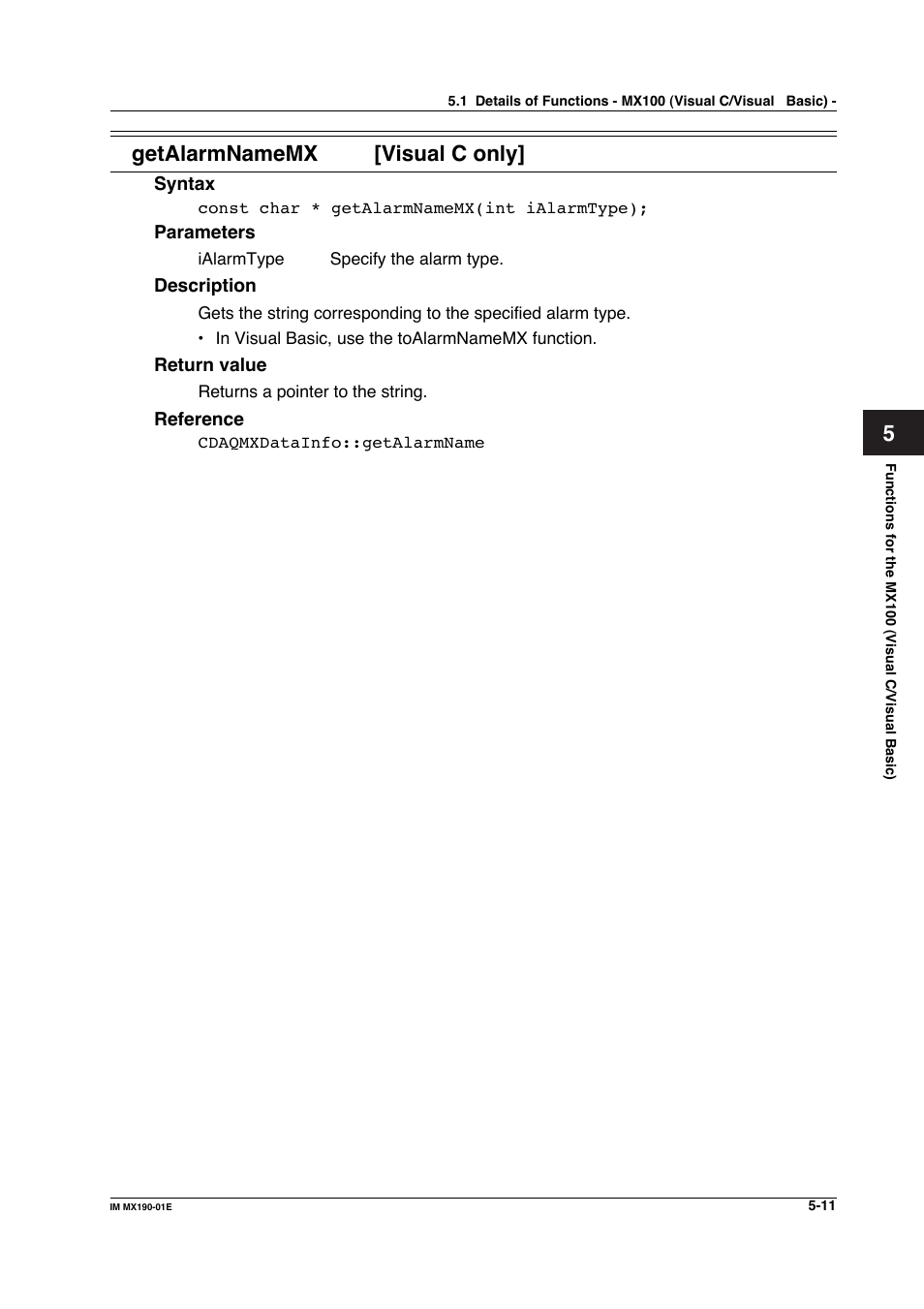 Getalarmnamemx [visual c only | Yokogawa PC-Based MX100 User Manual | Page 269 / 1264