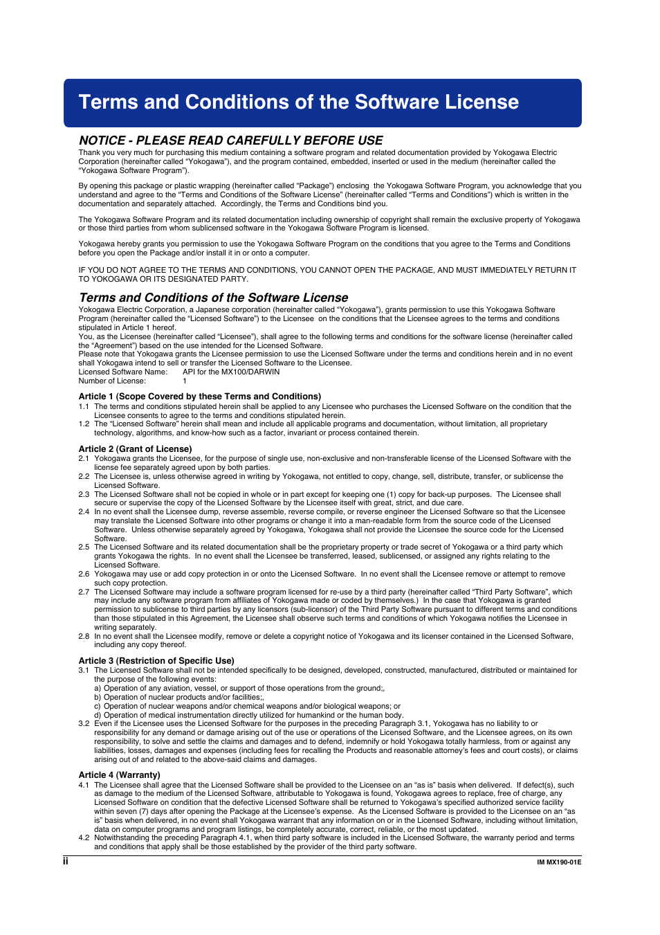 Terms and conditions of the software license, Notice - please read carefully before use | Yokogawa PC-Based MX100 User Manual | Page 3 / 1264