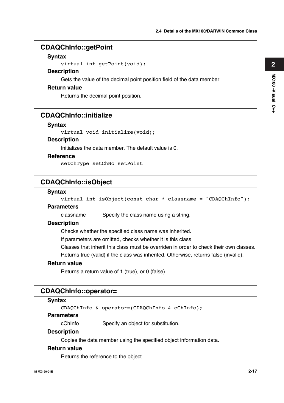 Cdaqchinfo::getpoint, Cdaqchinfo::initialize, Cdaqchinfo::isobject | Cdaqchinfo::operator | Yokogawa PC-Based MX100 User Manual | Page 40 / 1264