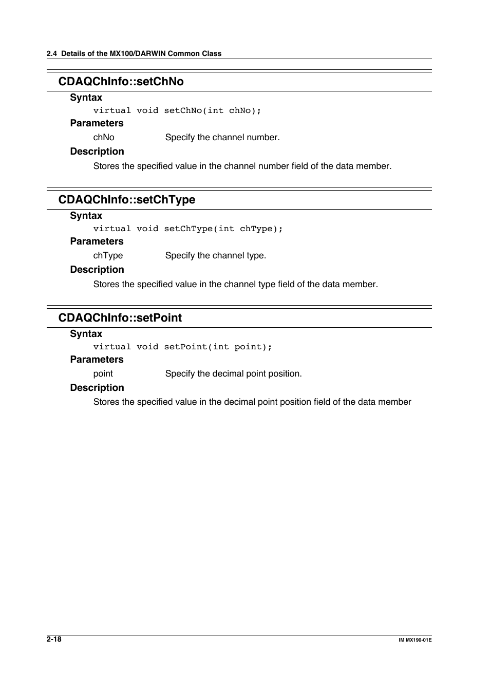 Cdaqchinfo::setchno, Cdaqchinfo::setchtype, Cdaqchinfo::setpoint | Yokogawa PC-Based MX100 User Manual | Page 41 / 1264