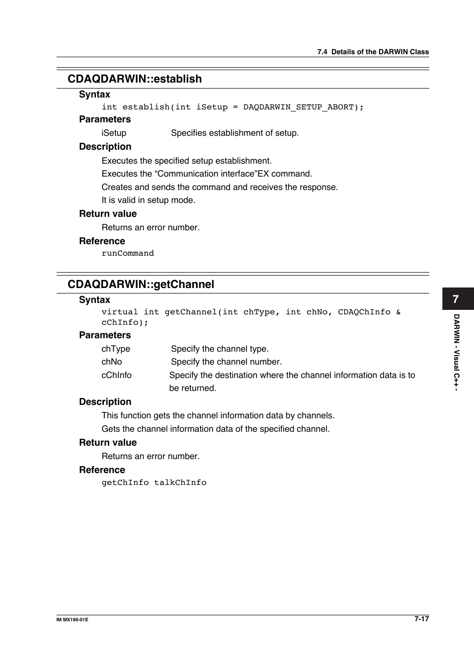 7cdaqdarwin::establish, Cdaqdarwin::getchannel | Yokogawa PC-Based MX100 User Manual | Page 415 / 1264