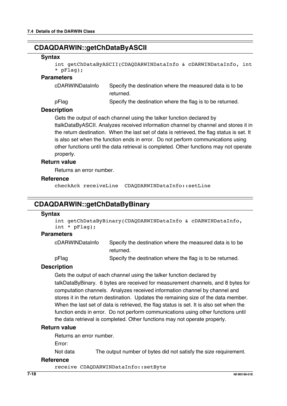 Cdaqdarwin::getchdatabyascii, Cdaqdarwin::getchdatabybinary | Yokogawa PC-Based MX100 User Manual | Page 416 / 1264