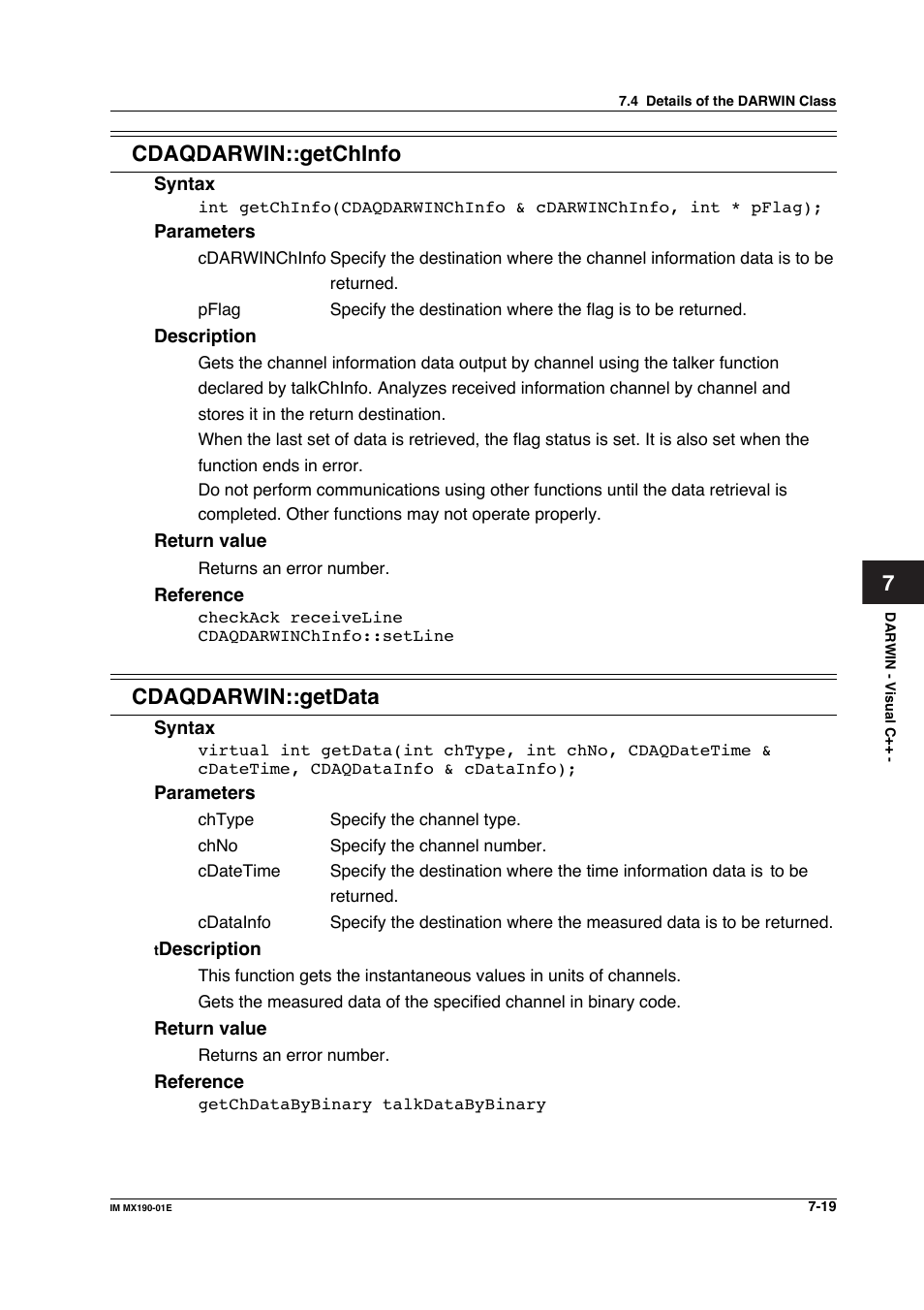 7cdaqdarwin::getchinfo, Cdaqdarwin::getdata | Yokogawa PC-Based MX100 User Manual | Page 417 / 1264