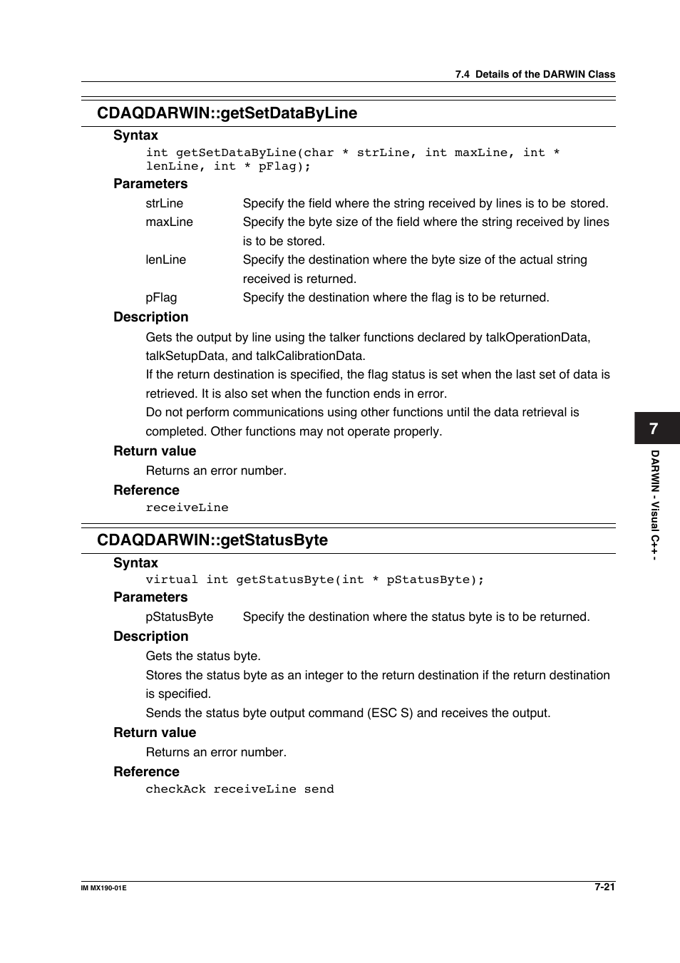 7cdaqdarwin::getsetdatabyline, Cdaqdarwin::getstatusbyte | Yokogawa PC-Based MX100 User Manual | Page 419 / 1264