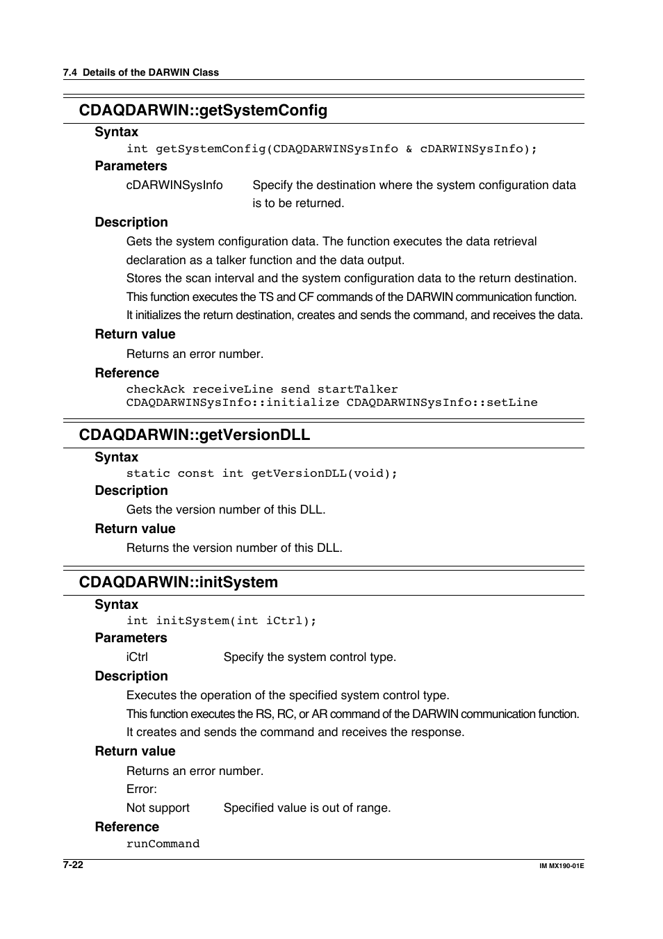 Cdaqdarwin::getsystemconfig, Cdaqdarwin::getversiondll, Cdaqdarwin::initsystem | Yokogawa PC-Based MX100 User Manual | Page 420 / 1264