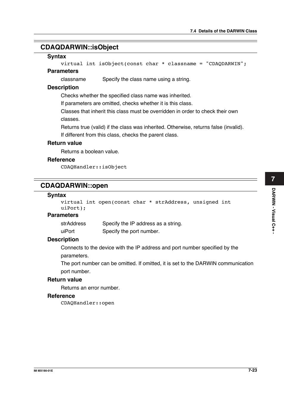 7cdaqdarwin::isobject, Cdaqdarwin::open | Yokogawa PC-Based MX100 User Manual | Page 421 / 1264