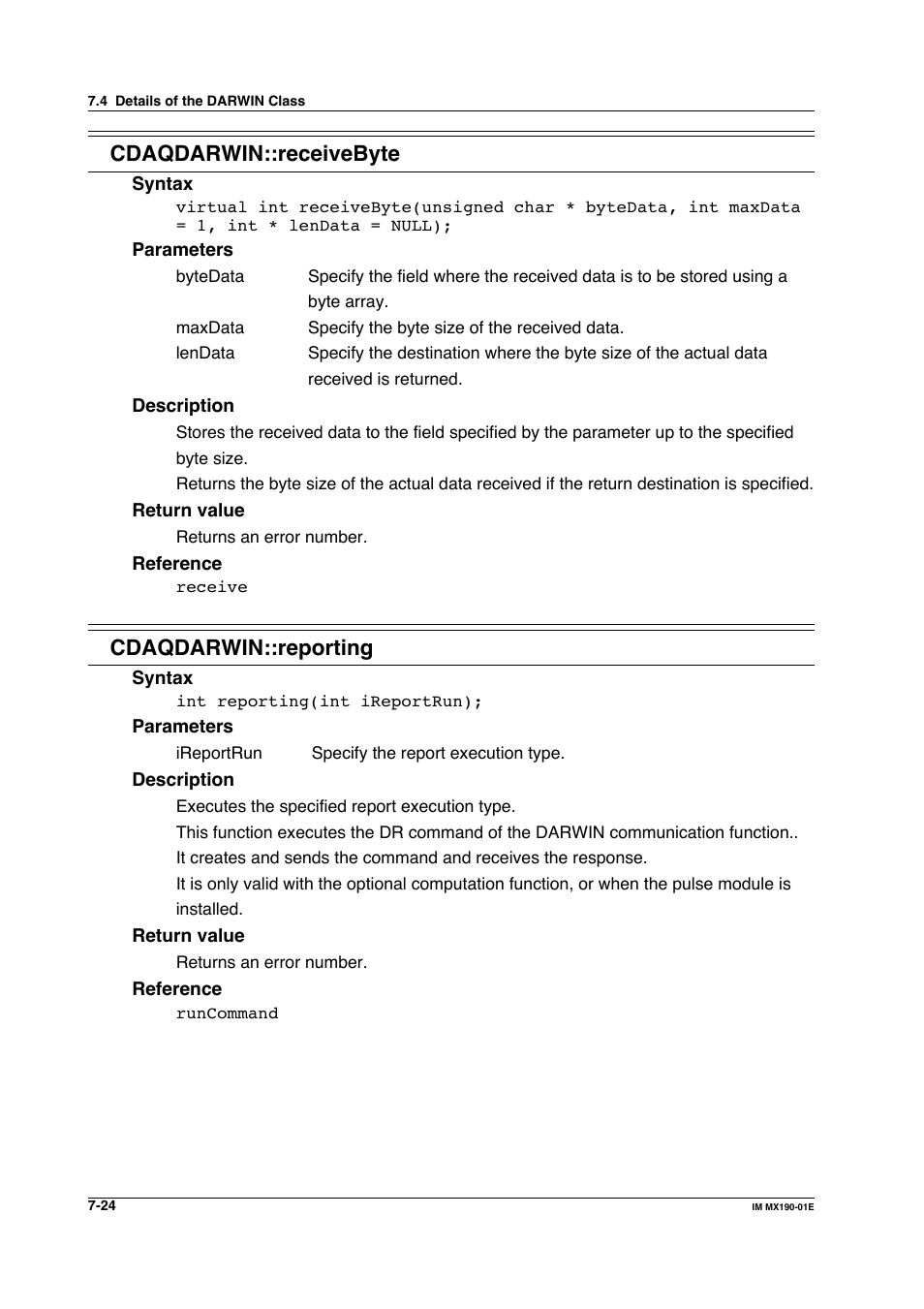 Cdaqdarwin::receivebyte, Cdaqdarwin::reporting | Yokogawa PC-Based MX100 User Manual | Page 422 / 1264