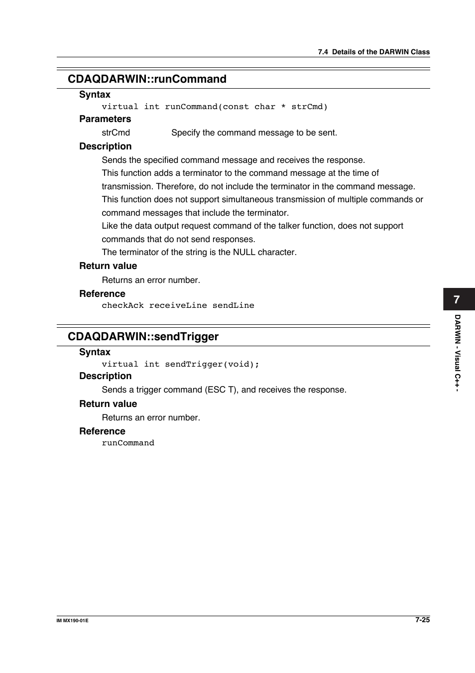 7cdaqdarwin::runcommand, Cdaqdarwin::sendtrigger | Yokogawa PC-Based MX100 User Manual | Page 423 / 1264