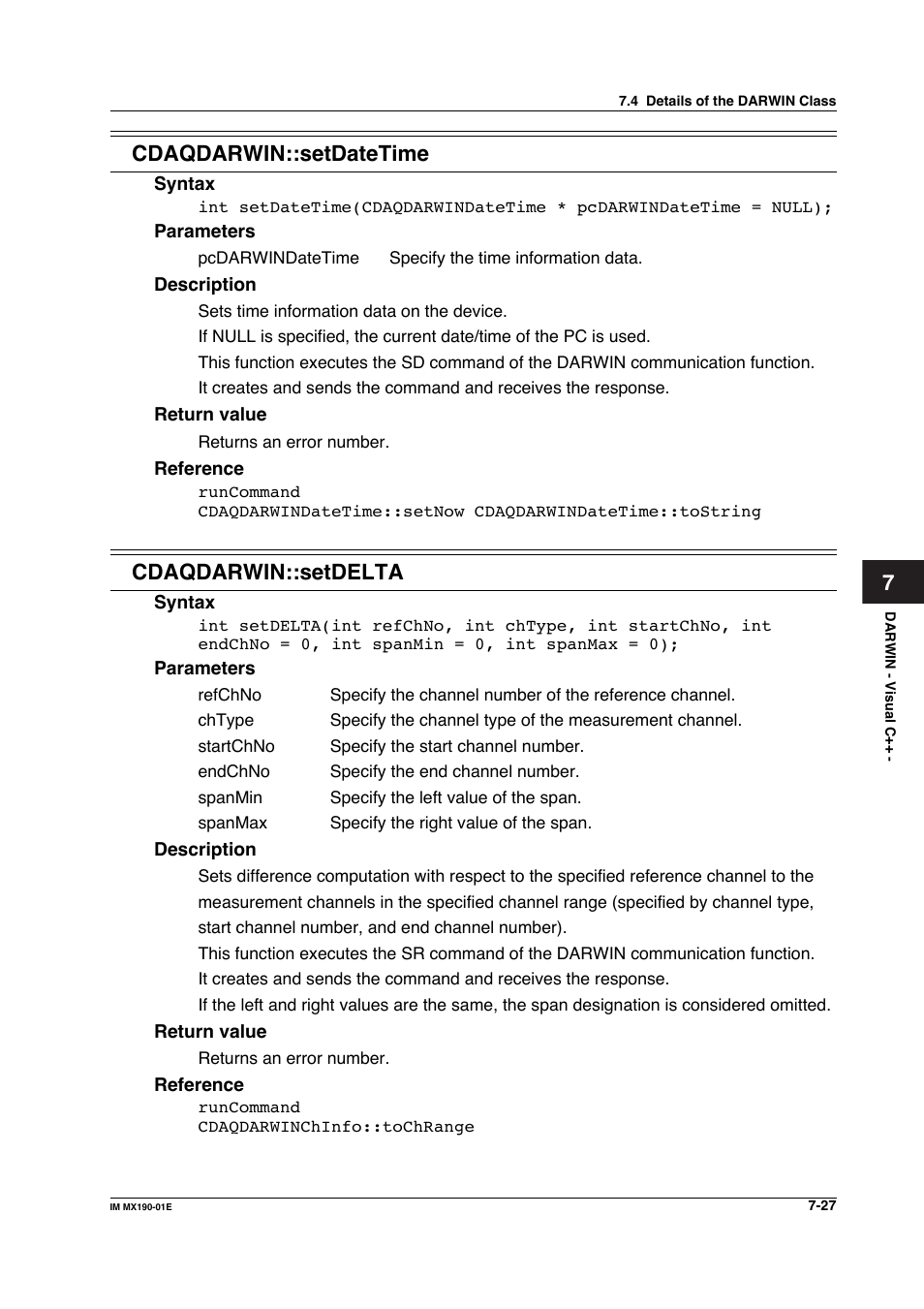 7cdaqdarwin::setdatetime, Cdaqdarwin::setdelta | Yokogawa PC-Based MX100 User Manual | Page 425 / 1264