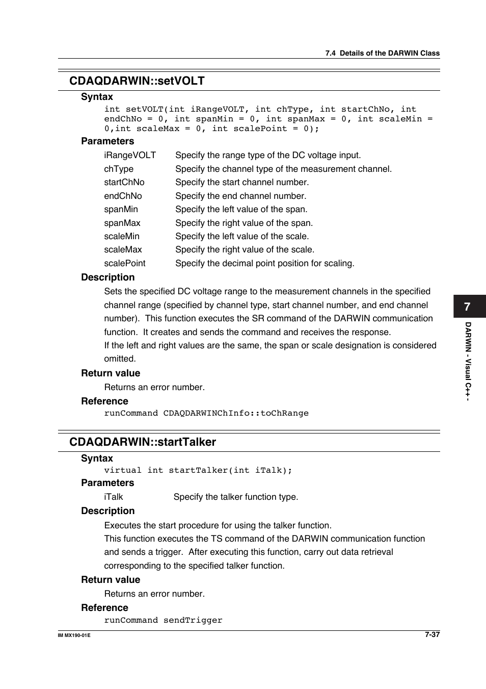 7cdaqdarwin::setvolt, Cdaqdarwin::starttalker | Yokogawa PC-Based MX100 User Manual | Page 435 / 1264