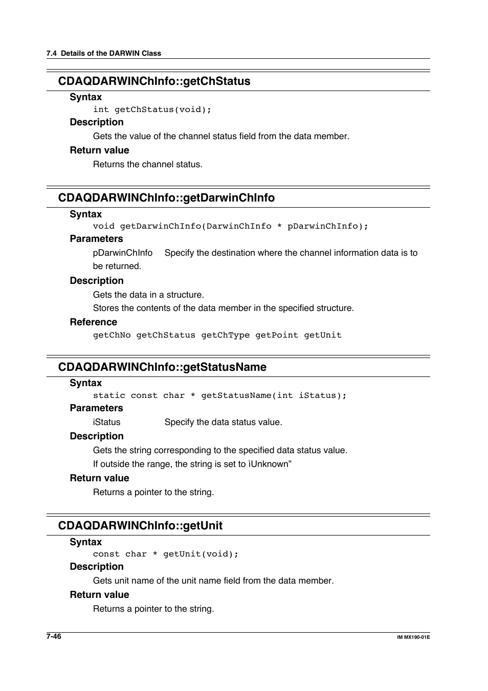 Cdaqdarwinchinfo::getchstatus, Cdaqdarwinchinfo::getdarwinchinfo, Cdaqdarwinchinfo::getstatusname | Cdaqdarwinchinfo::getunit | Yokogawa PC-Based MX100 User Manual | Page 444 / 1264