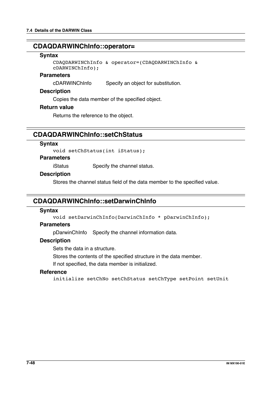 Cdaqdarwinchinfo::operator, Cdaqdarwinchinfo::setchstatus, Cdaqdarwinchinfo::setdarwinchinfo | Yokogawa PC-Based MX100 User Manual | Page 446 / 1264