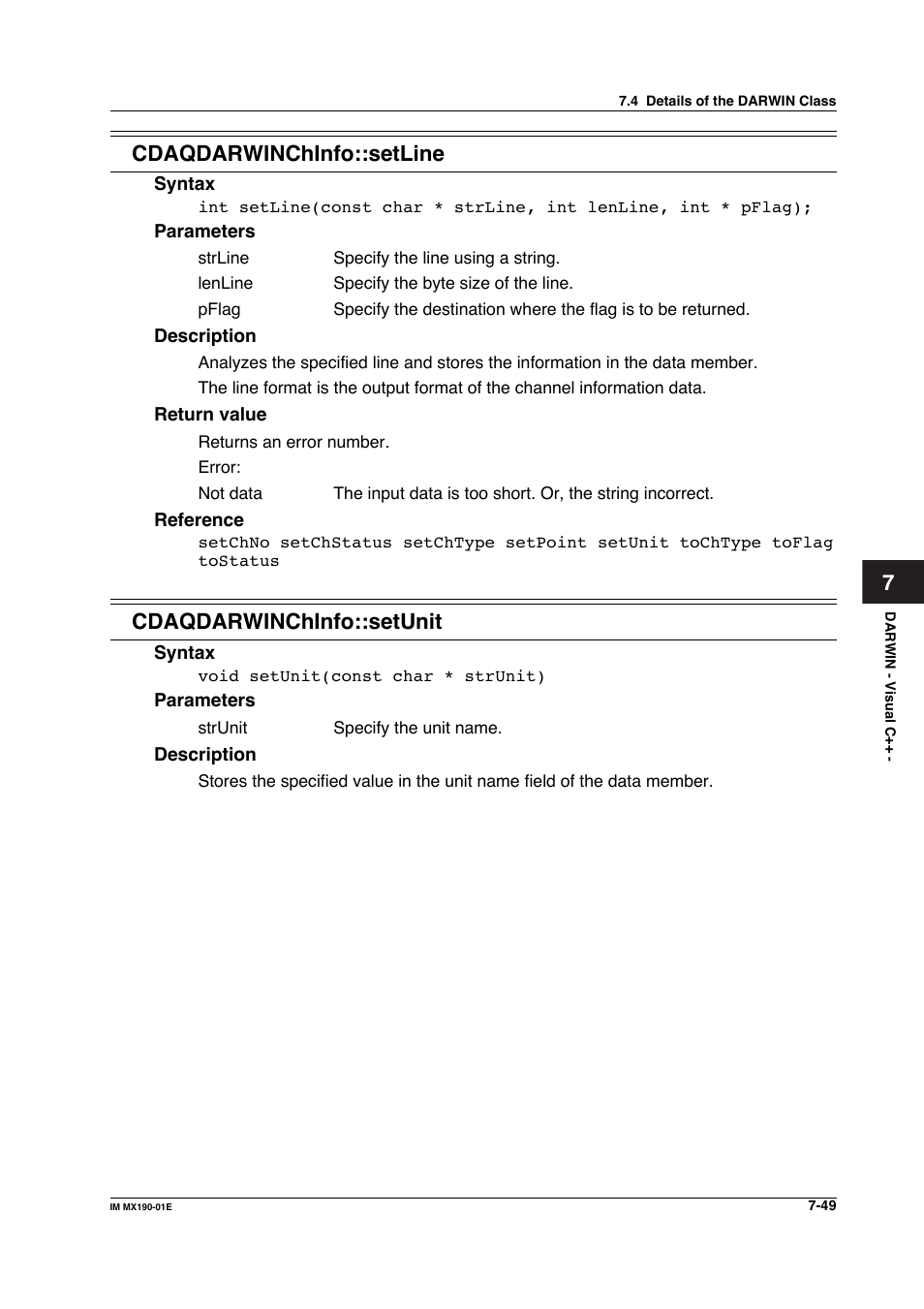 7cdaqdarwinchinfo::setline, Cdaqdarwinchinfo::setunit | Yokogawa PC-Based MX100 User Manual | Page 447 / 1264