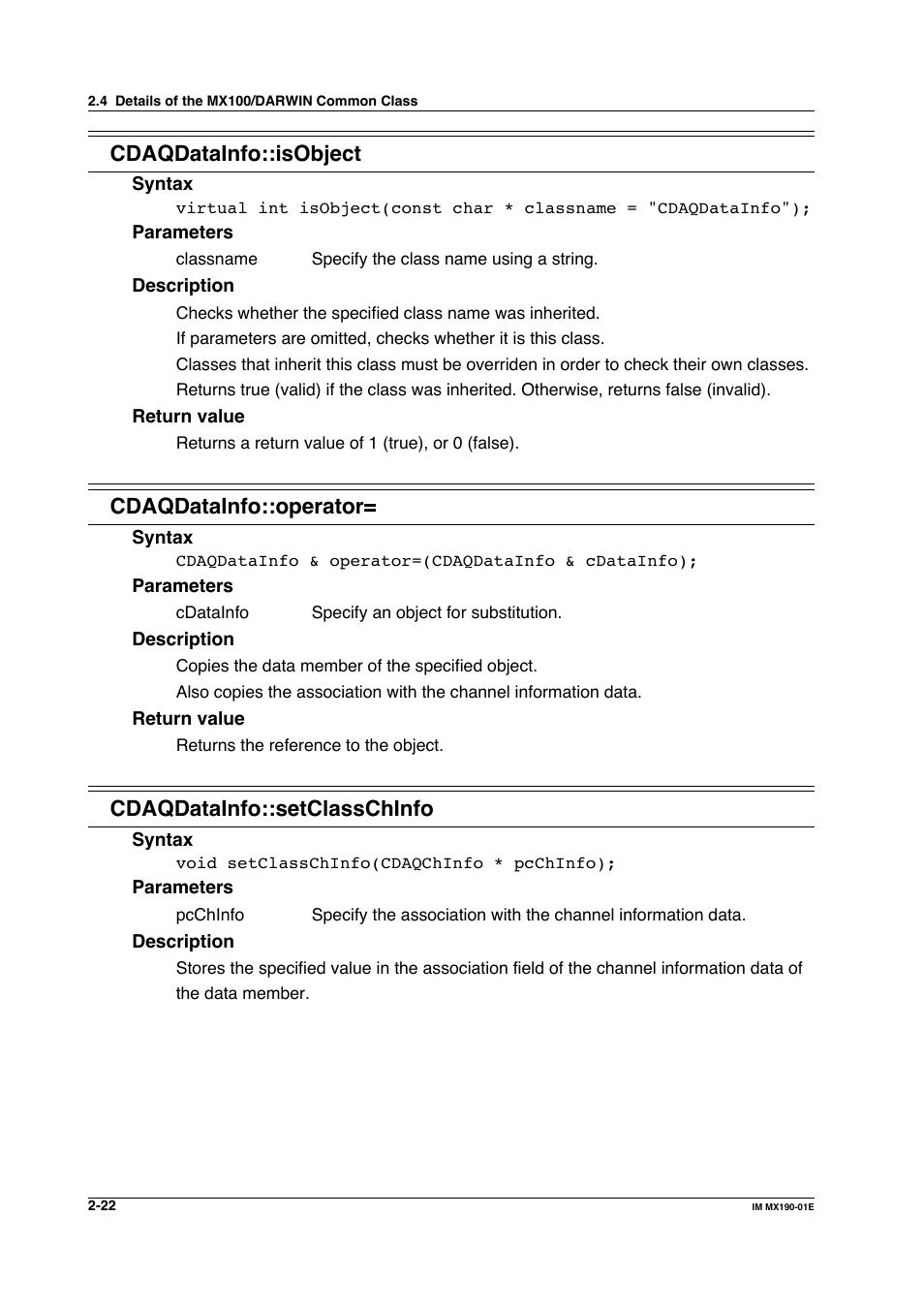 Cdaqdatainfo::isobject, Cdaqdatainfo::operator, Cdaqdatainfo::setclasschinfo | Yokogawa PC-Based MX100 User Manual | Page 45 / 1264