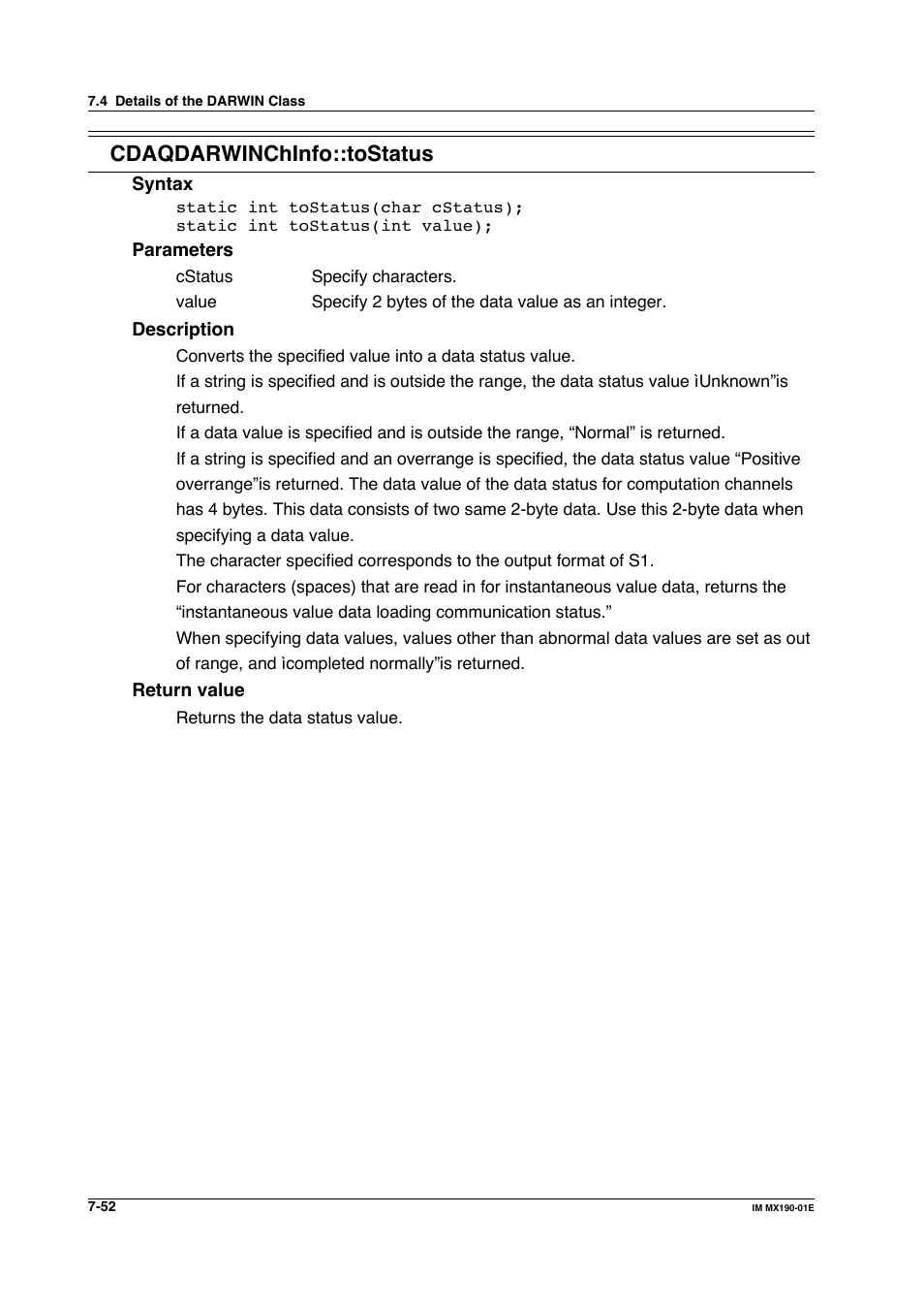 Cdaqdarwinchinfo::tostatus | Yokogawa PC-Based MX100 User Manual | Page 450 / 1264