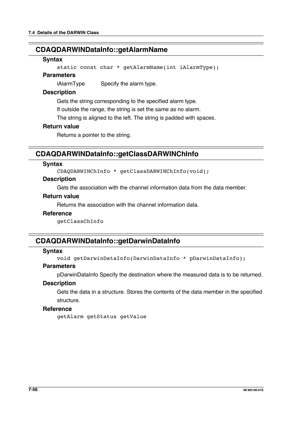 Cdaqdarwindatainfo::getalarmname, Cdaqdarwindatainfo::getclassdarwinchinfo, Cdaqdarwindatainfo::getdarwindatainfo | Yokogawa PC-Based MX100 User Manual | Page 454 / 1264