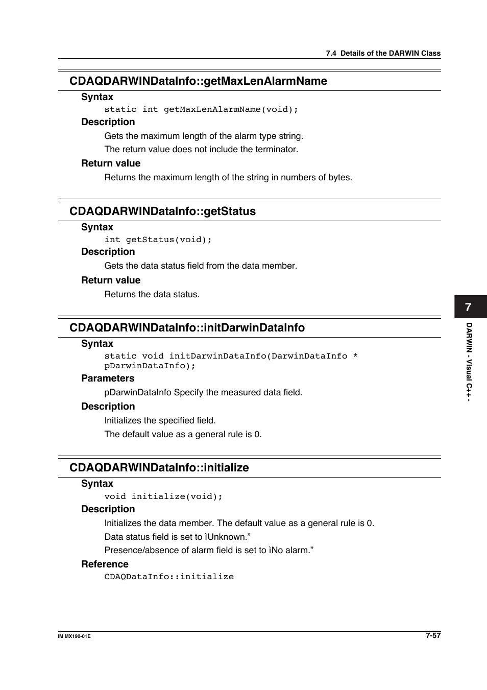 7cdaqdarwindatainfo::getmaxlenalarmname, Cdaqdarwindatainfo::getstatus, Cdaqdarwindatainfo::initdarwindatainfo | Cdaqdarwindatainfo::initialize | Yokogawa PC-Based MX100 User Manual | Page 455 / 1264