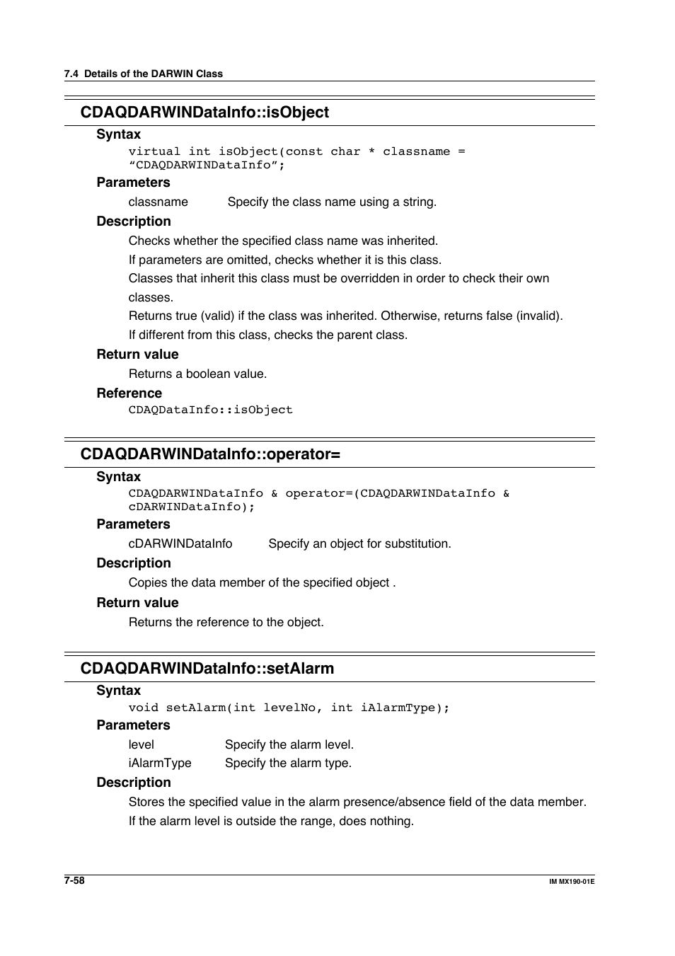 Cdaqdarwindatainfo::isobject, Cdaqdarwindatainfo::operator, Cdaqdarwindatainfo::setalarm | Yokogawa PC-Based MX100 User Manual | Page 456 / 1264