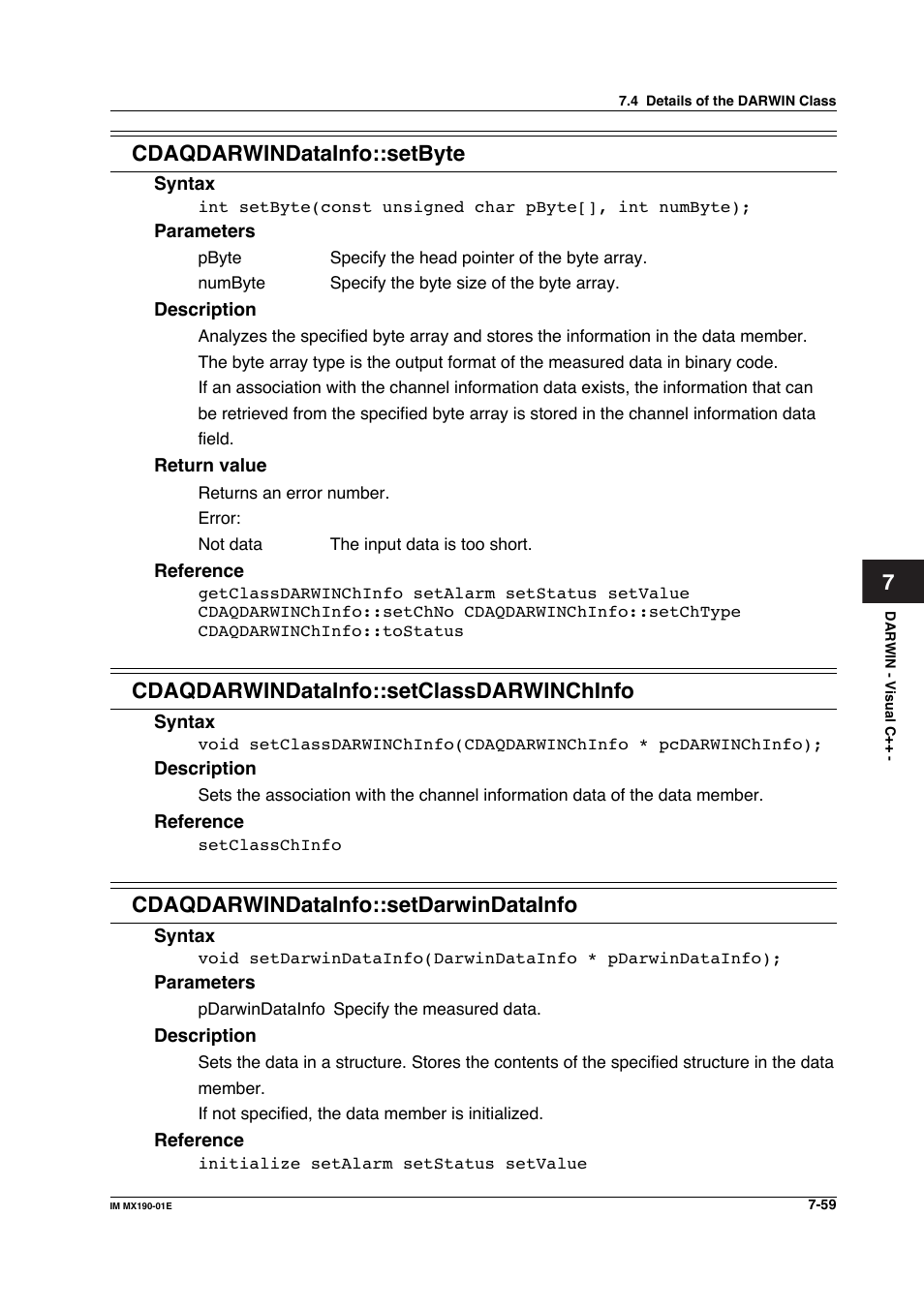 7cdaqdarwindatainfo::setbyte, Cdaqdarwindatainfo::setclassdarwinchinfo, Cdaqdarwindatainfo::setdarwindatainfo | Yokogawa PC-Based MX100 User Manual | Page 457 / 1264
