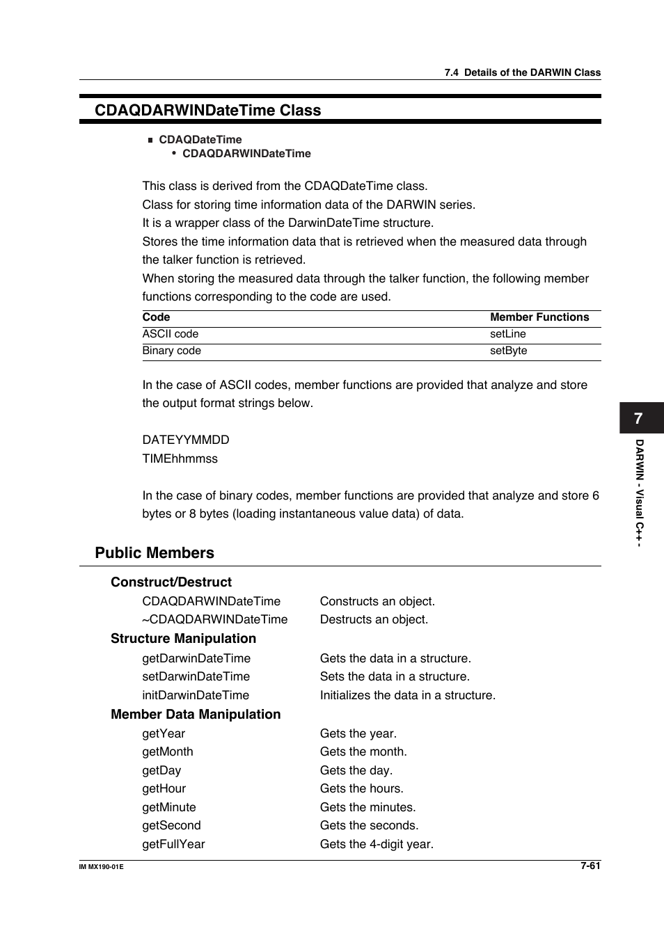 7cdaqdarwindatetime class, Public members | Yokogawa PC-Based MX100 User Manual | Page 459 / 1264