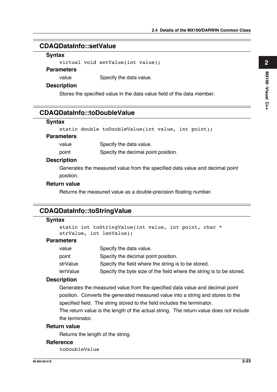 Cdaqdatainfo::setvalue, Cdaqdatainfo::todoublevalue, Cdaqdatainfo::tostringvalue | Yokogawa PC-Based MX100 User Manual | Page 46 / 1264