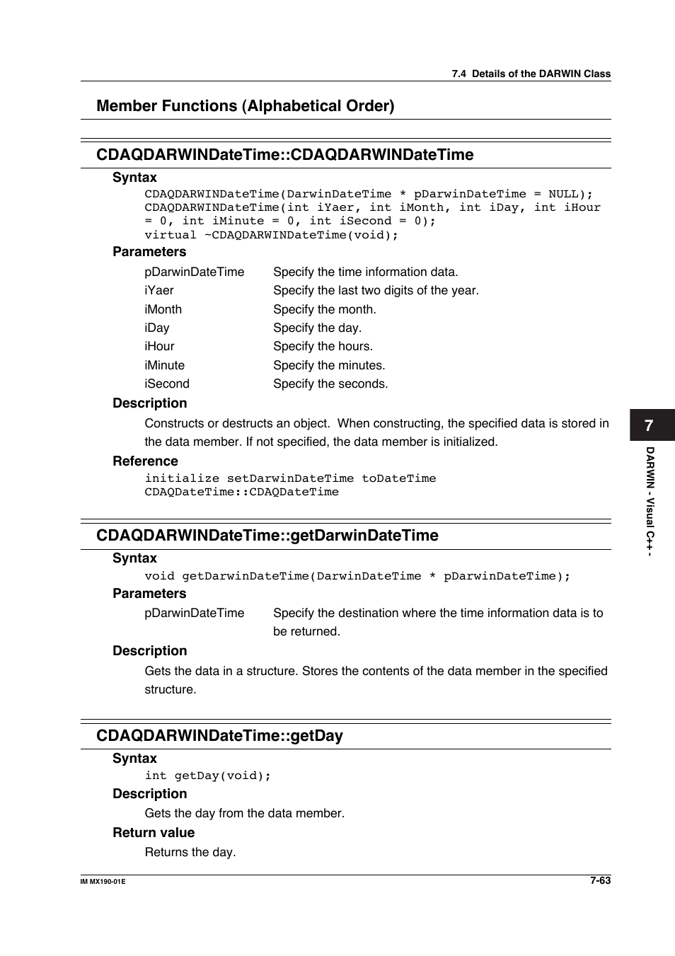 Cdaqdarwindatetime::getdarwindatetime, Cdaqdarwindatetime::getday | Yokogawa PC-Based MX100 User Manual | Page 461 / 1264