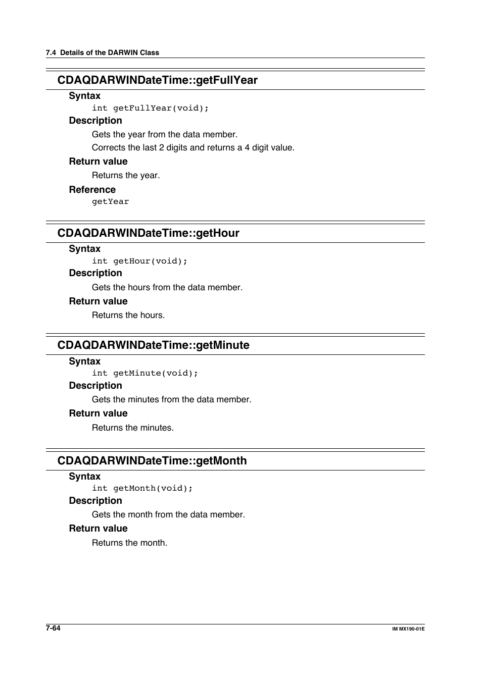 Cdaqdarwindatetime::getfullyear, Cdaqdarwindatetime::gethour, Cdaqdarwindatetime::getminute | Cdaqdarwindatetime::getmonth | Yokogawa PC-Based MX100 User Manual | Page 462 / 1264