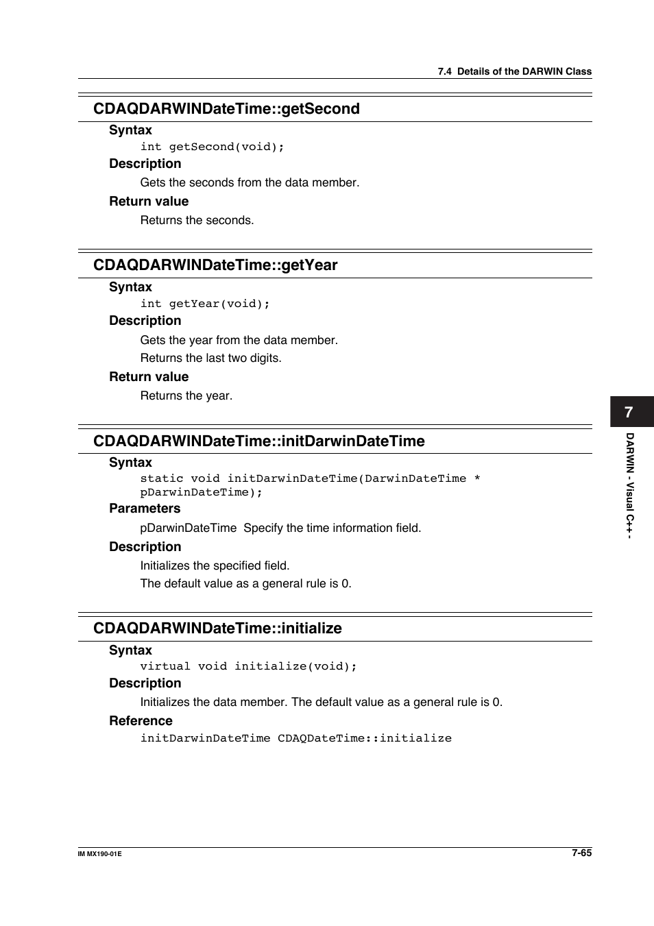 7cdaqdarwindatetime::getsecond, Cdaqdarwindatetime::getyear, Cdaqdarwindatetime::initdarwindatetime | Cdaqdarwindatetime::initialize | Yokogawa PC-Based MX100 User Manual | Page 463 / 1264