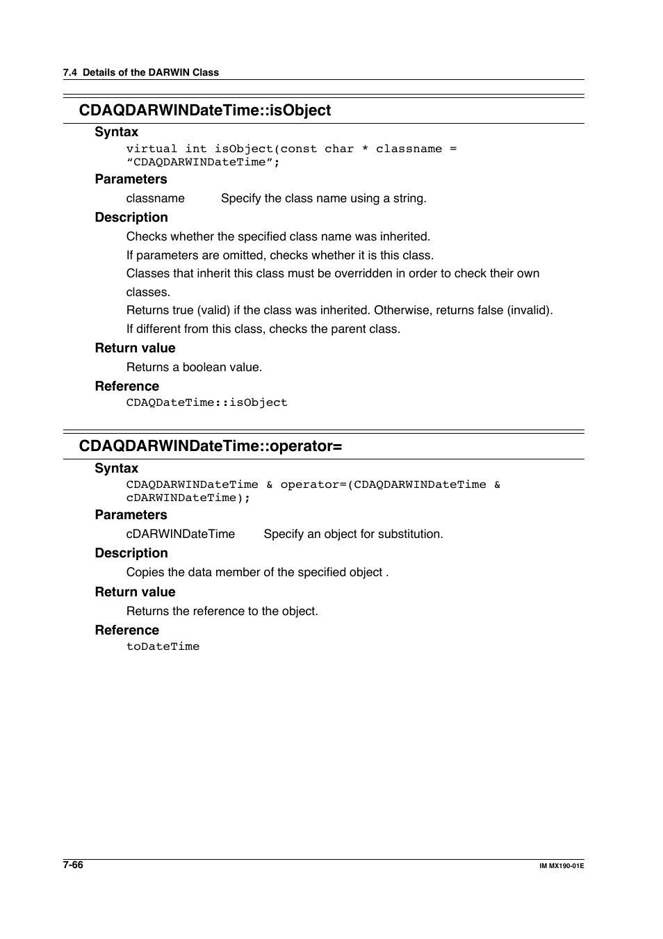 Cdaqdarwindatetime::isobject, Cdaqdarwindatetime::operator | Yokogawa PC-Based MX100 User Manual | Page 464 / 1264