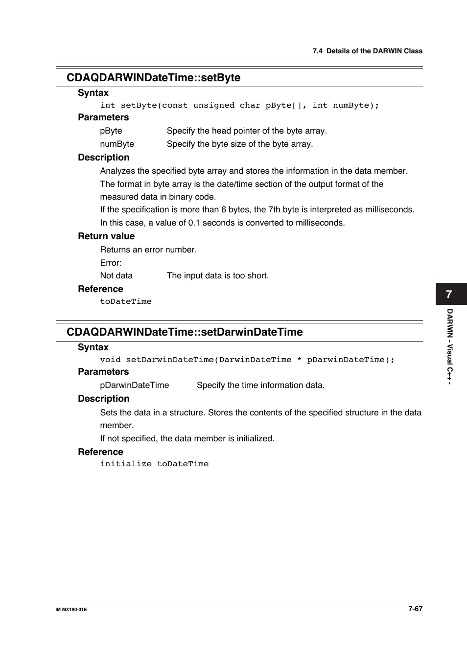 7cdaqdarwindatetime::setbyte, Cdaqdarwindatetime::setdarwindatetime | Yokogawa PC-Based MX100 User Manual | Page 465 / 1264