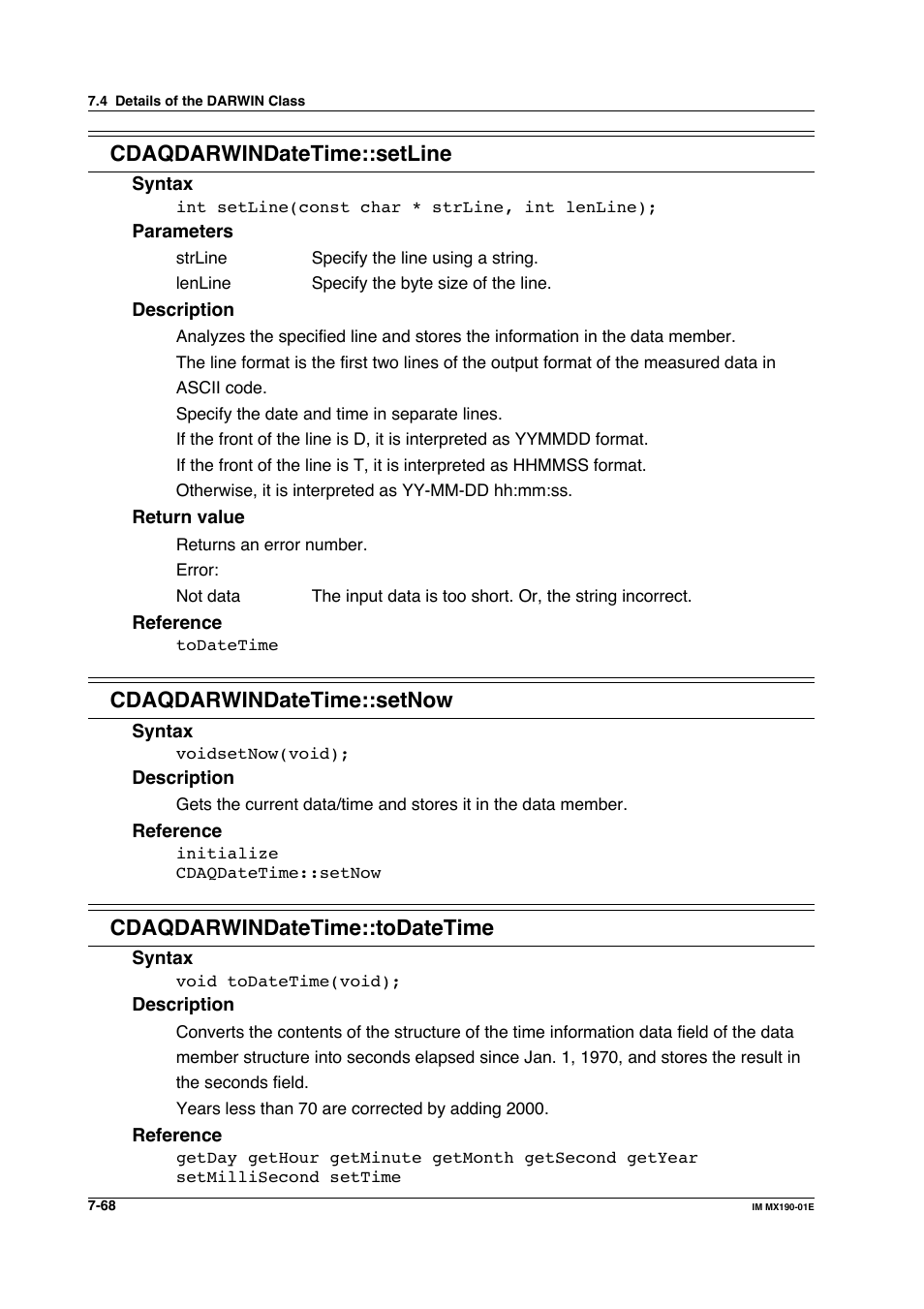 Cdaqdarwindatetime::setline, Cdaqdarwindatetime::setnow, Cdaqdarwindatetime::todatetime | Yokogawa PC-Based MX100 User Manual | Page 466 / 1264