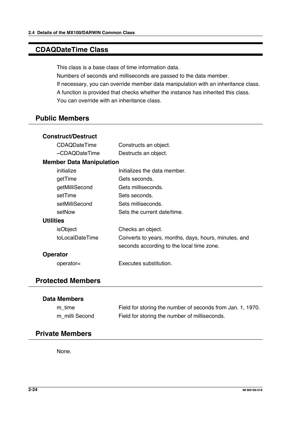 Cdaqdatetime class, Public members, Protected members | Private members | Yokogawa PC-Based MX100 User Manual | Page 47 / 1264