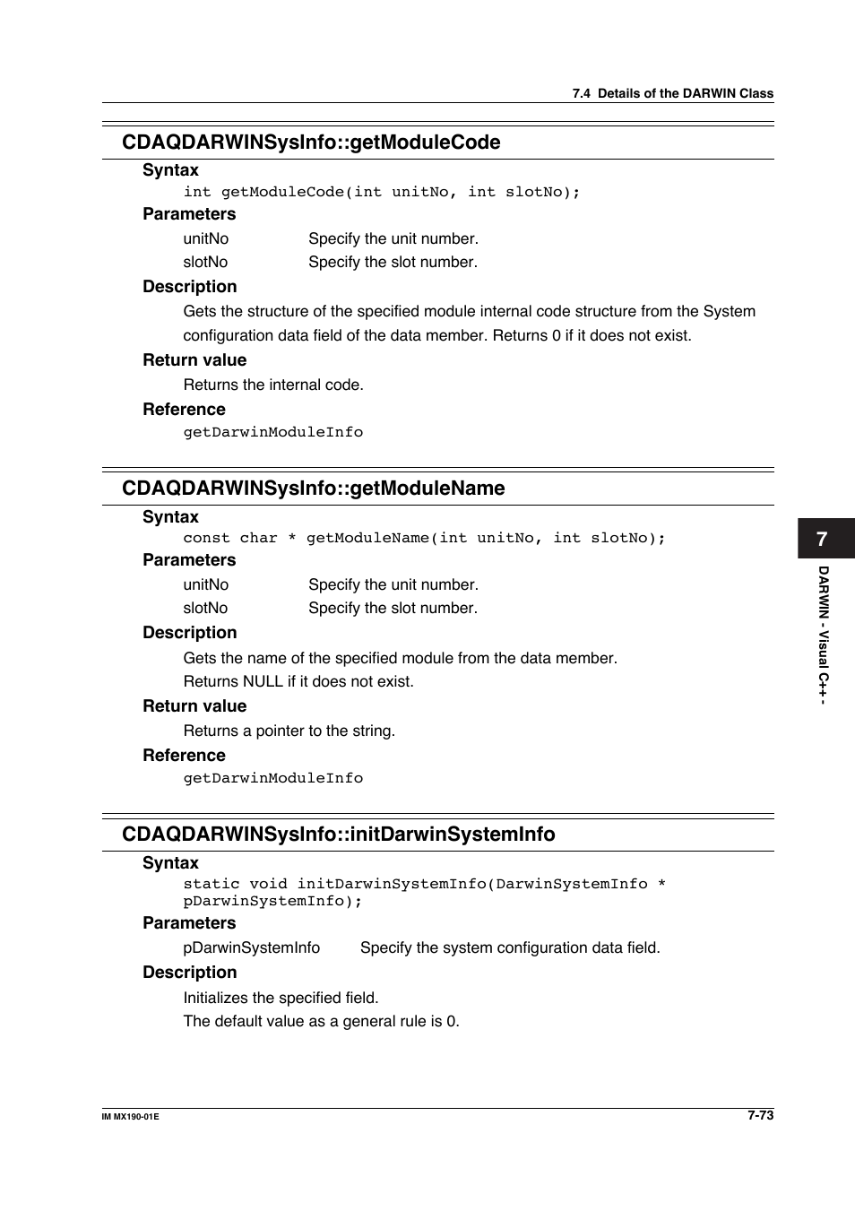 7cdaqdarwinsysinfo::getmodulecode, Cdaqdarwinsysinfo::getmodulename, Cdaqdarwinsysinfo::initdarwinsysteminfo | Yokogawa PC-Based MX100 User Manual | Page 471 / 1264