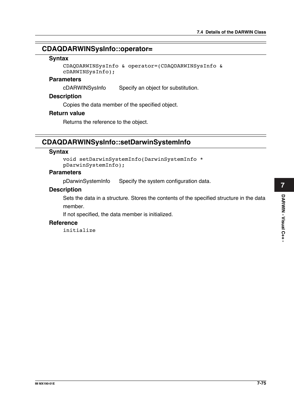 7cdaqdarwinsysinfo::operator, Cdaqdarwinsysinfo::setdarwinsysteminfo | Yokogawa PC-Based MX100 User Manual | Page 473 / 1264