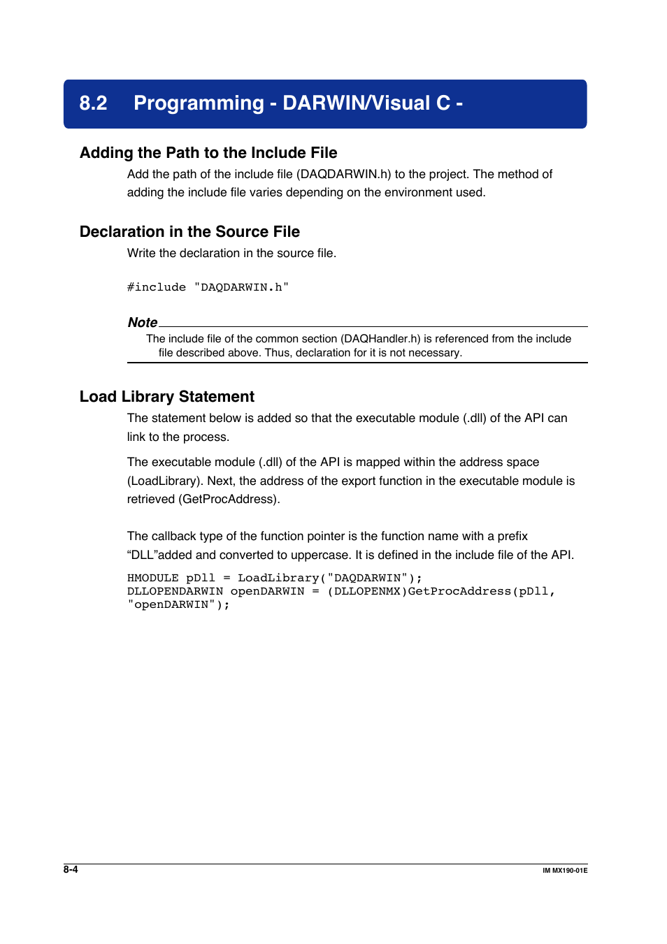 2 programming - darwin/visual c, Programming - darwin/visual c -4, Adding the path to the include file | Declaration in the source file, Load library statement | Yokogawa PC-Based MX100 User Manual | Page 478 / 1264