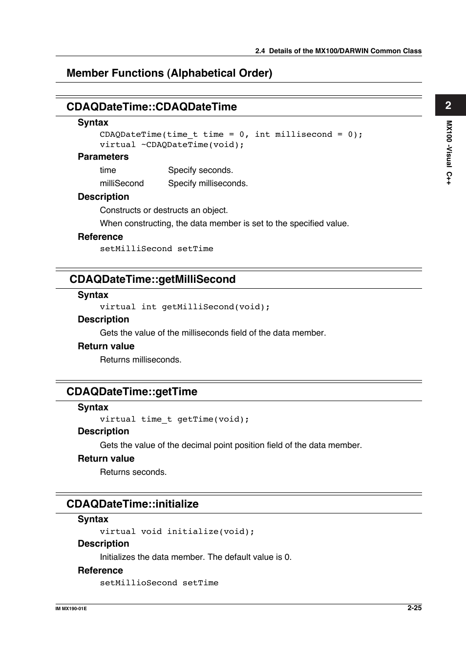 Cdaqdatetime::getmillisecond, Cdaqdatetime::gettime, Cdaqdatetime::initialize | Yokogawa PC-Based MX100 User Manual | Page 48 / 1264