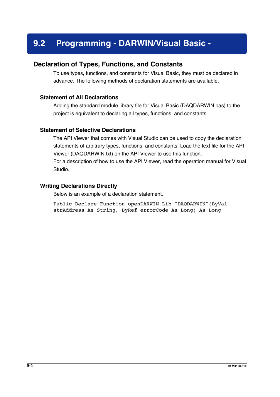 2 programming - darwin/visual basic, Programming - darwin/visual basic -4, Declaration of types, functions, and constants | Yokogawa PC-Based MX100 User Manual | Page 492 / 1264