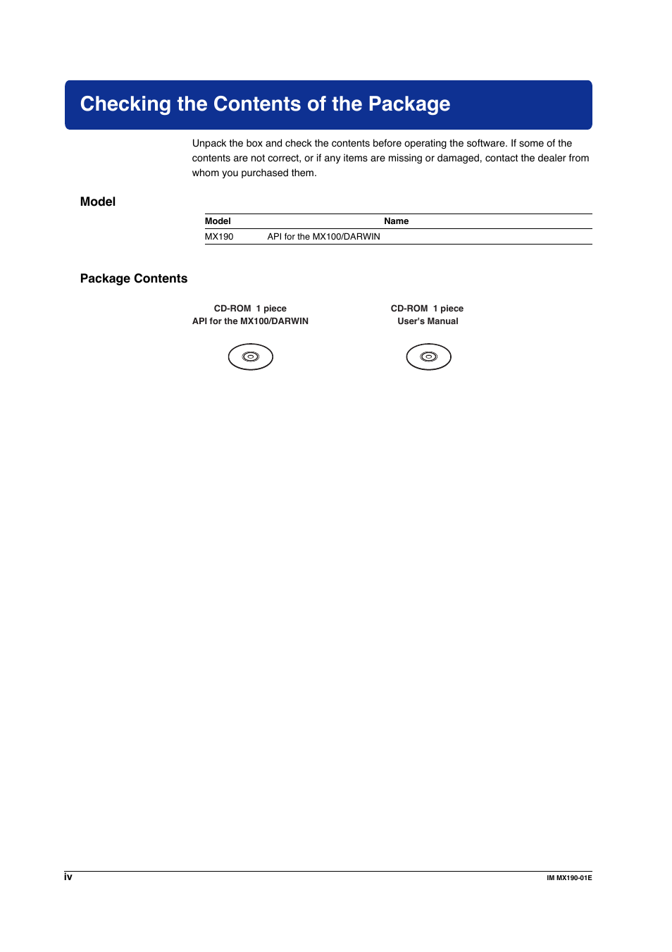 Checking the contents of the package | Yokogawa PC-Based MX100 User Manual | Page 5 / 1264