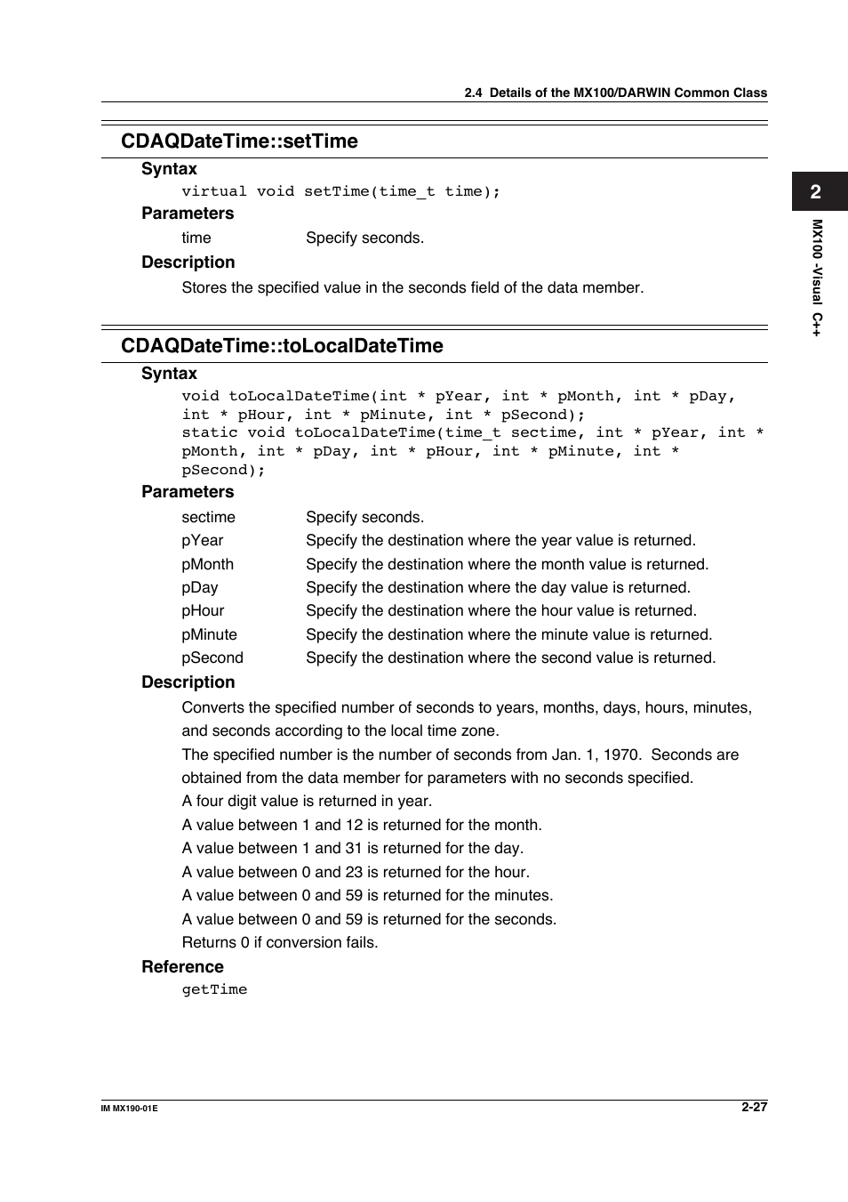 Cdaqdatetime::settime, Cdaqdatetime::tolocaldatetime | Yokogawa PC-Based MX100 User Manual | Page 50 / 1264