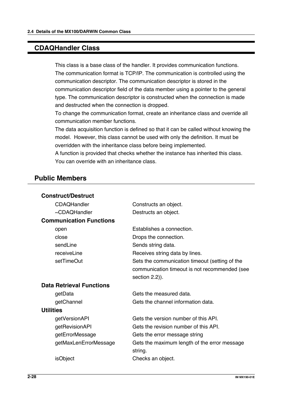 Cdaqhandler class, Public members | Yokogawa PC-Based MX100 User Manual | Page 51 / 1264