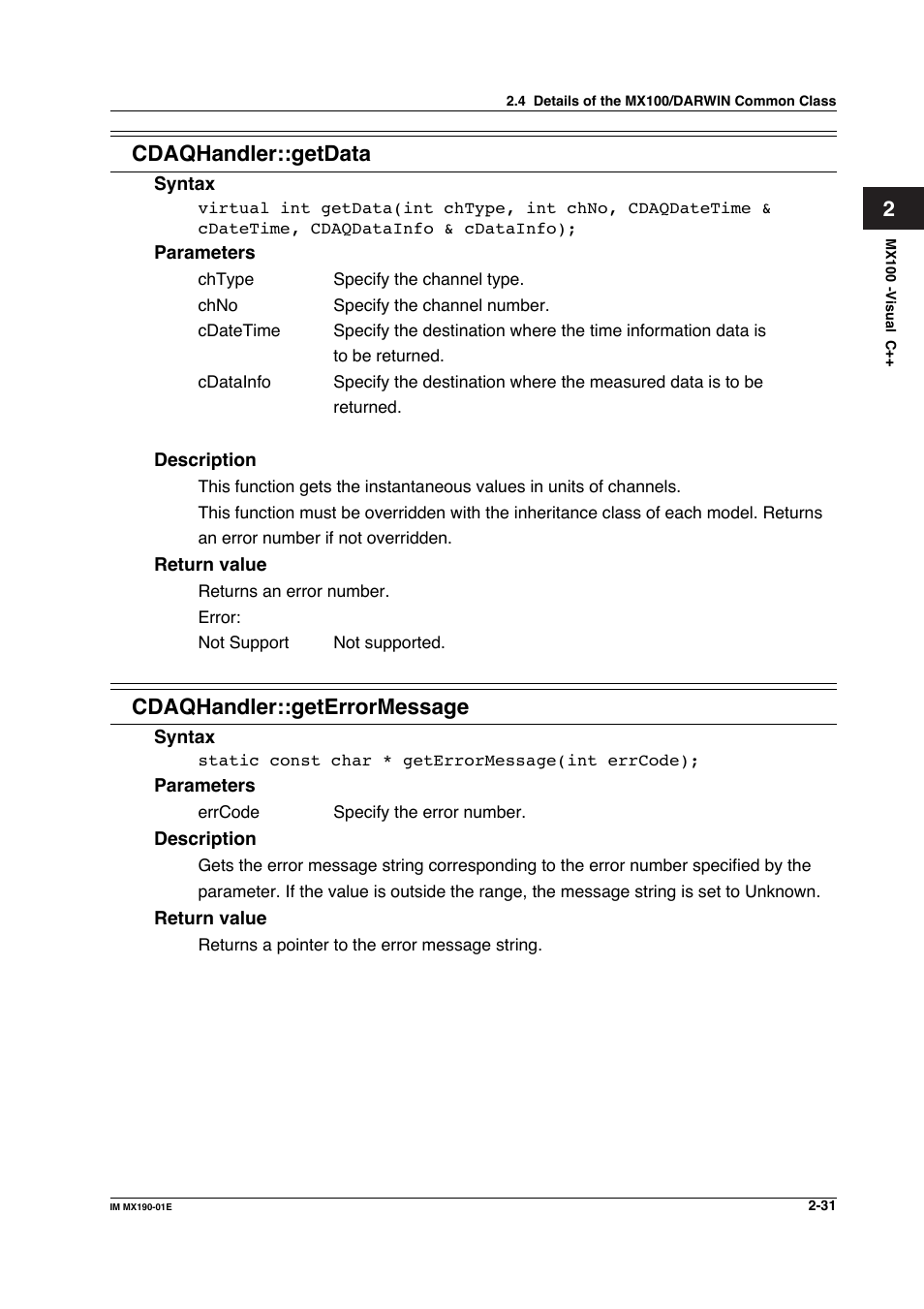 Cdaqhandler::getdata, Cdaqhandler::geterrormessage | Yokogawa PC-Based MX100 User Manual | Page 54 / 1264