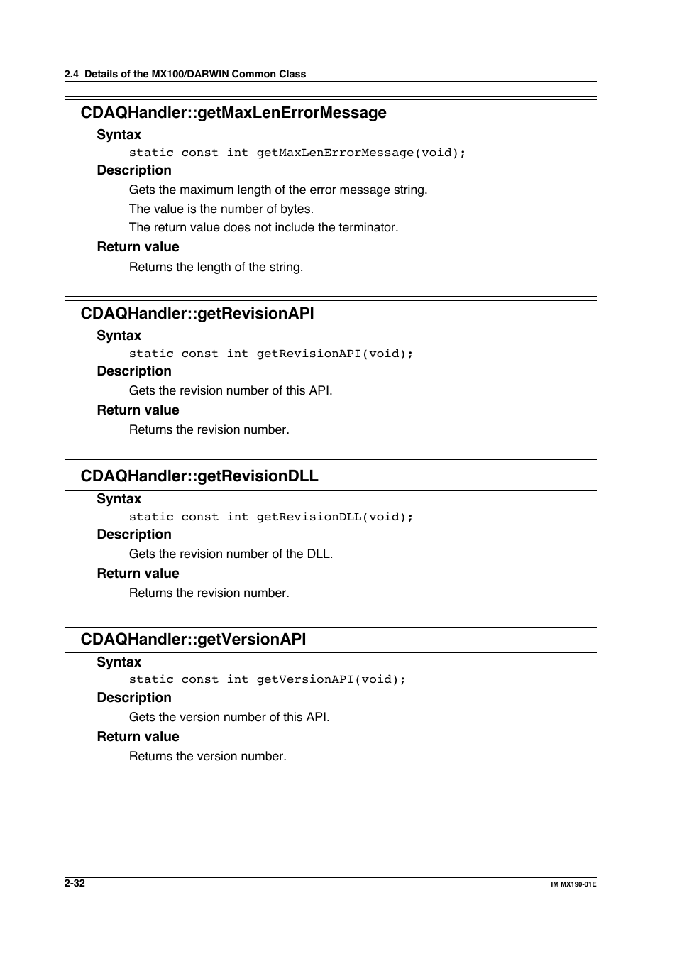 Cdaqhandler::getmaxlenerrormessage, Cdaqhandler::getrevisionapi, Cdaqhandler::getrevisiondll | Cdaqhandler::getversionapi | Yokogawa PC-Based MX100 User Manual | Page 55 / 1264