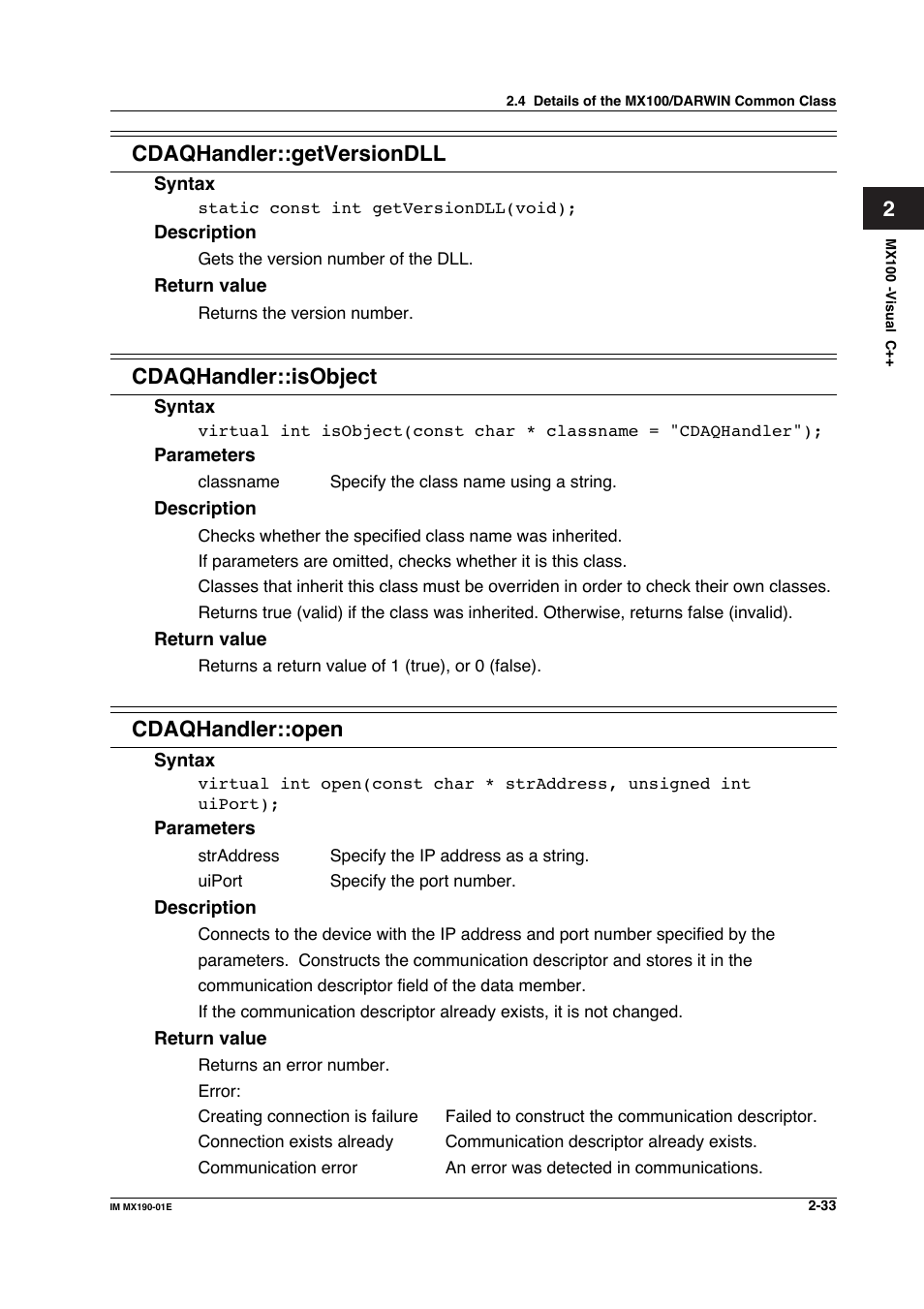 Cdaqhandler::getversiondll, Cdaqhandler::isobject, Cdaqhandler::open | Yokogawa PC-Based MX100 User Manual | Page 56 / 1264