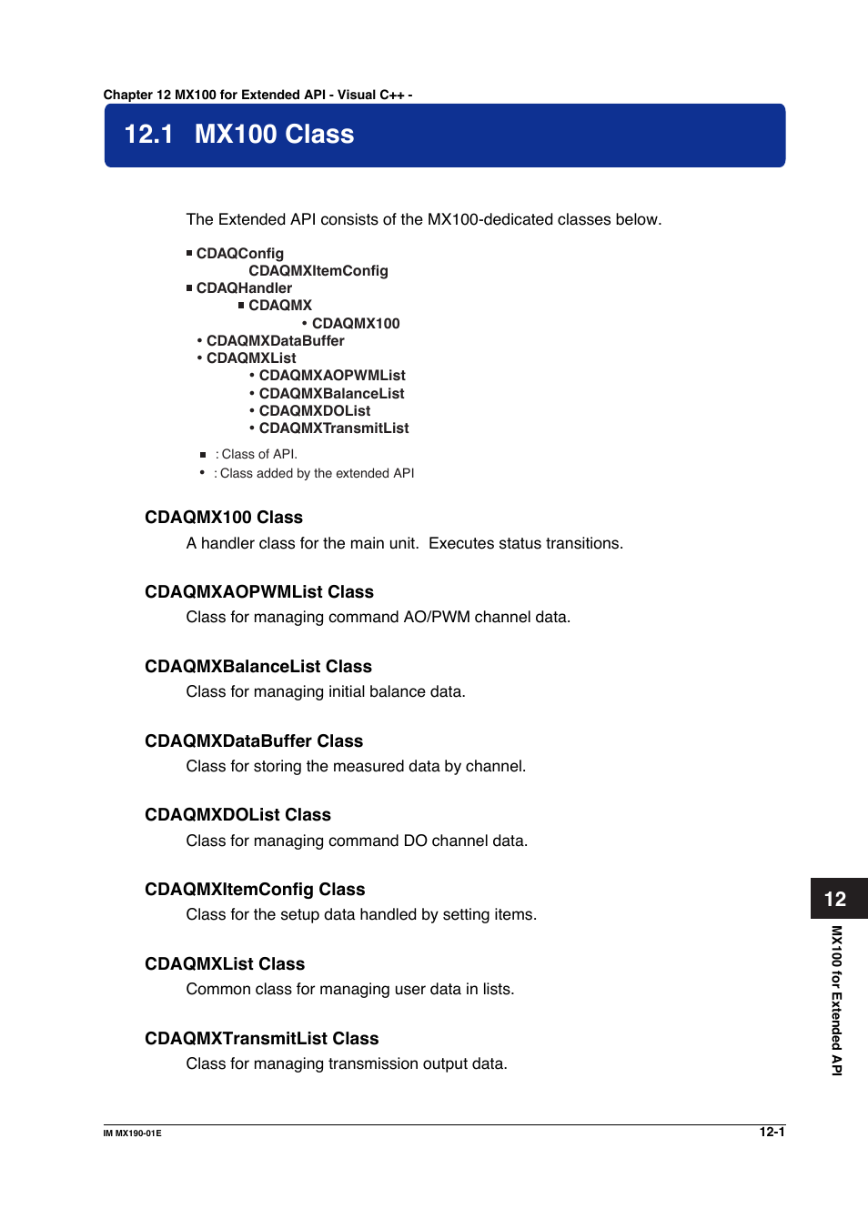 Chapter 12 mx100 for extended api - visual c, 1 mx100 class, Mx100 class -1 | Yokogawa PC-Based MX100 User Manual | Page 565 / 1264