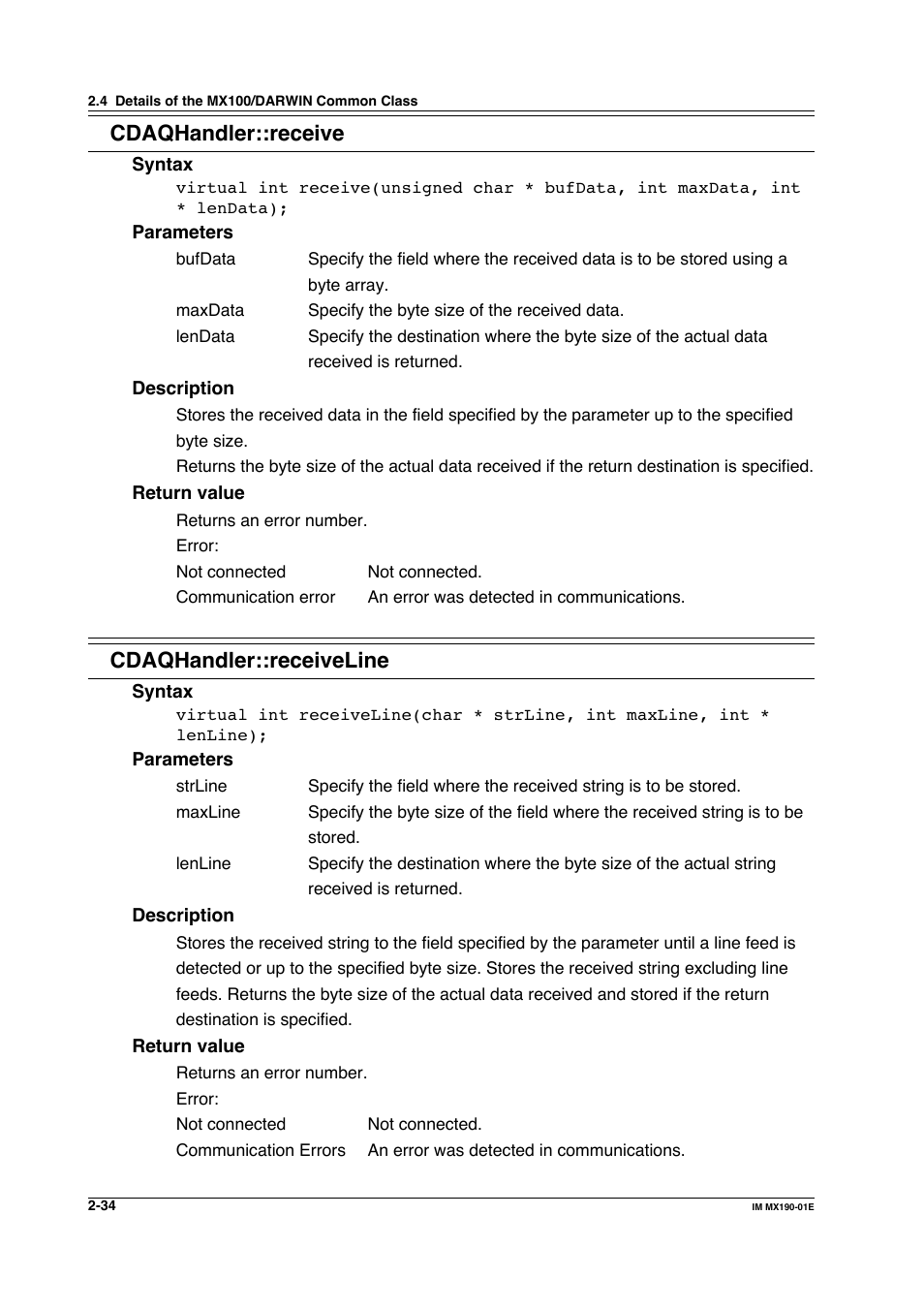 Cdaqhandler::receive, Cdaqhandler::receiveline | Yokogawa PC-Based MX100 User Manual | Page 57 / 1264